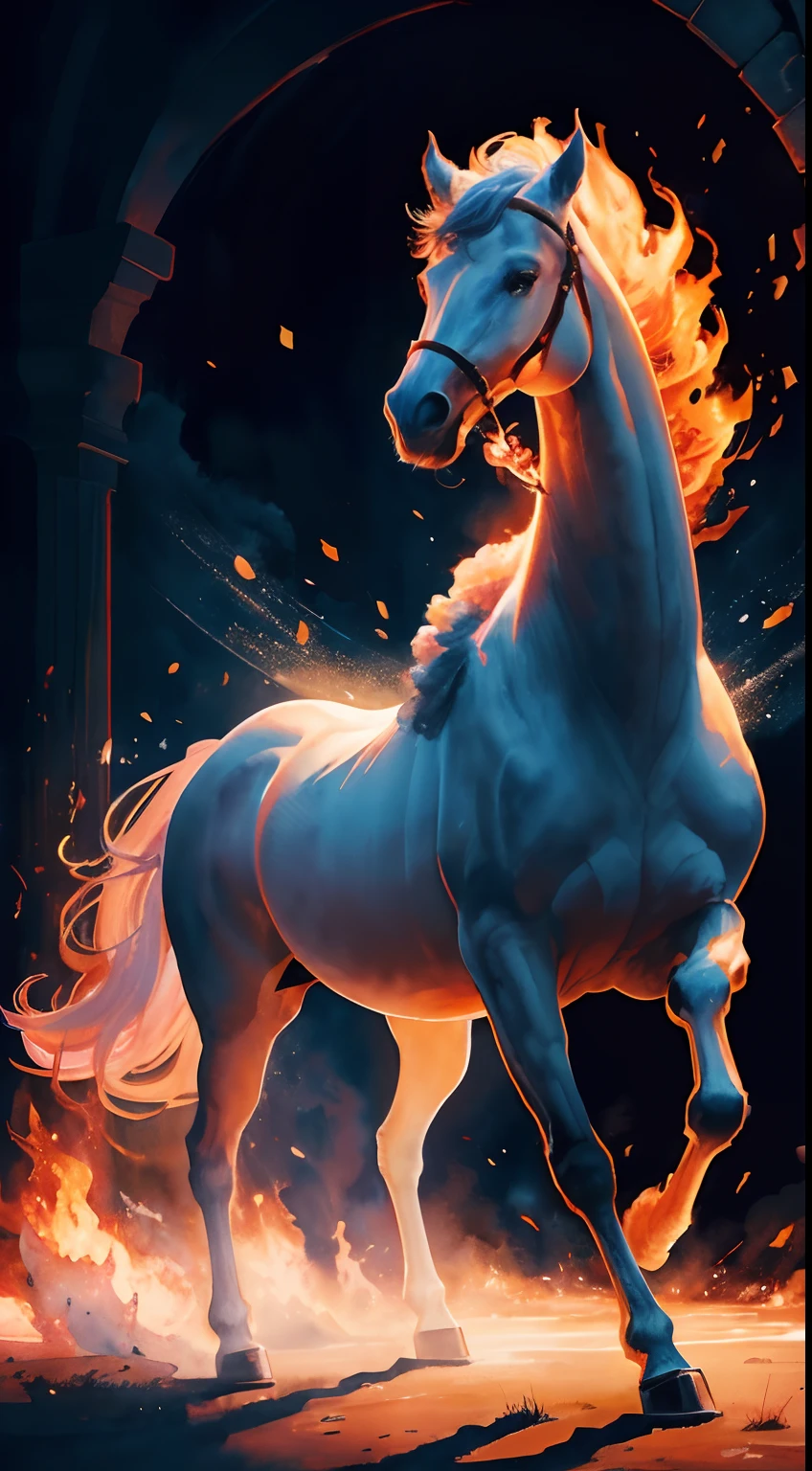 watercolor illustration, a fire horse standing on its hind legs, beautiful artwork, (best quality, 8k), ultra-detailed, realistic, vivid colors, studio lighting, bokeh