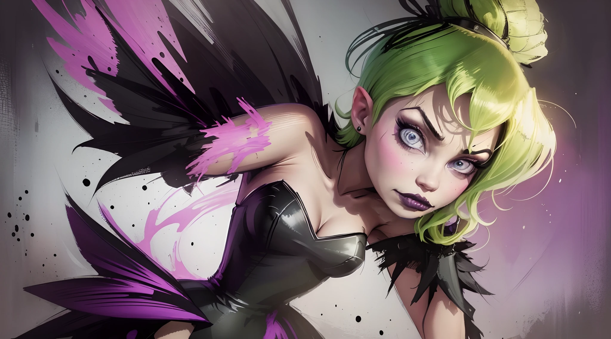 strapless green dress, bright purple gothic background, gothic horror vibes, cosplay em Black Harley Queen, goth girl, goth woman, 1 7 - - old h girl,Gothcore, gotic girl, dark goth queen, gothic maiden, very beautiful goth top model, goth clown girl, gothic maiden of the dark, animation style