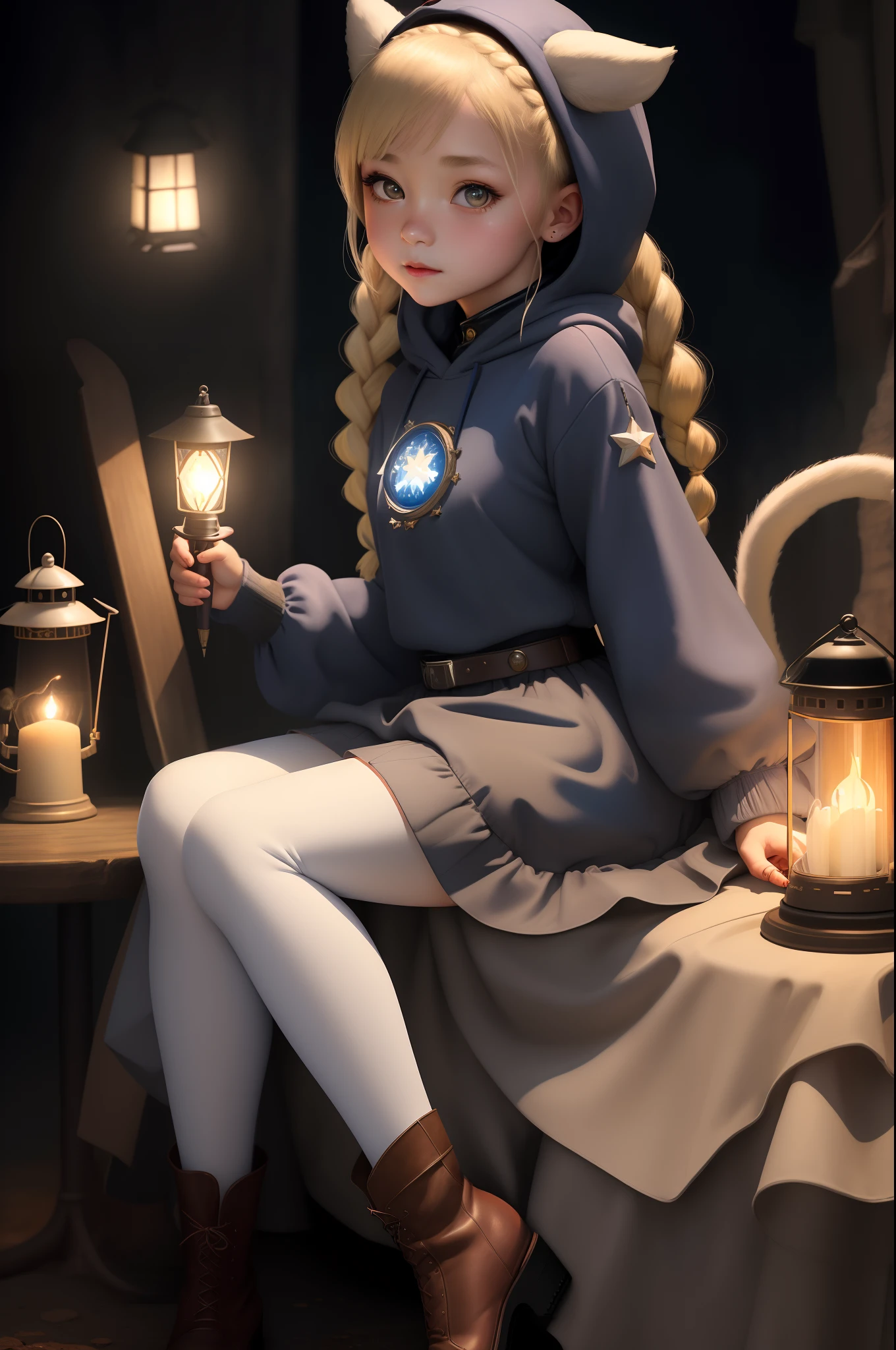 Top image quality、masterpiece、Norman Rockwell's style、Lunar surface、Beautiful fair-skinned girl in long sleeve hoodie、spaces 、Star 3D、The iris is blue、Cute little face、a small face、Light makeup、Two cat ears on the head、blonde hair in braids、tiny chest、Big buttocks、sitting on、Full body like、She holds a magic wand in her right hand、 She has a lantern hanging in her left hand、Long skirt with many rabbit prints、Leather boots、Robot with round head and three legs of long color on background、thirds rule、Ultra-wide low-angle
