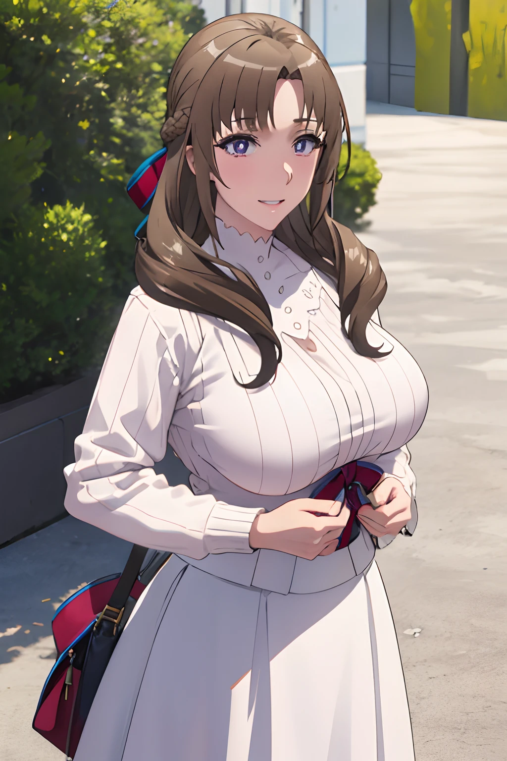 Huge tits, busty, masterpiece, (best quality), 1woman,1girl ,mamako_oosuki,   brown hair,  long hair,  (hair down), purple eyes,mature female, white shirt, long skirt, sweater, ribbon,sexy woman,smile,  ,closed clothes, embarrassed,blush,  bare shoulders, vibrant colors ,natural lighting  ,RTX,  , beautiful, (detailed face:1.2), showcase, (perfect eyes:1.1) ,(photorealistic:1.1), 8k uhd,  looking at viewer, outdoors,  simple backround,