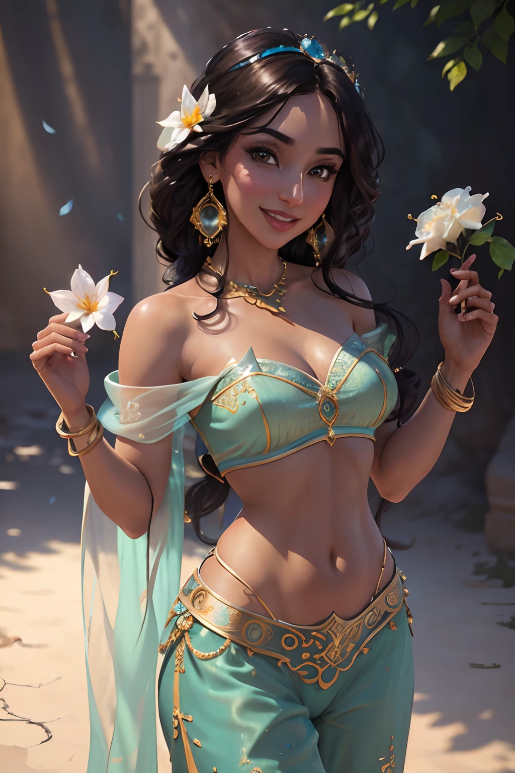 jasmine  1girl, solo, breasts, smile, open mouth, navel, holding, bare shoulders, jewelry, flower, earrings, midriff, pants, necklace, off shoulder, bracelet, see-through, white flower, gem, off-shoulder shirt, holding flower, multi-tied hair, arabian clothes (realistic:1.2), (realism), (masterpiece:1.2), (best quality), (ultra detailed), (8k, 4k, intricate),(full-body-shot:1), (85mm),light particles, lighting, (highly detailed:1.2),(detailed face:1.2), (gradients), sfw, colorful,(detailed eyes:1.2)(detailed background),detailed landscape, (dynamic angle:1.2), (dynamic pose:1.2), (rule of third_composition:1.3), (Line of action:1.2)