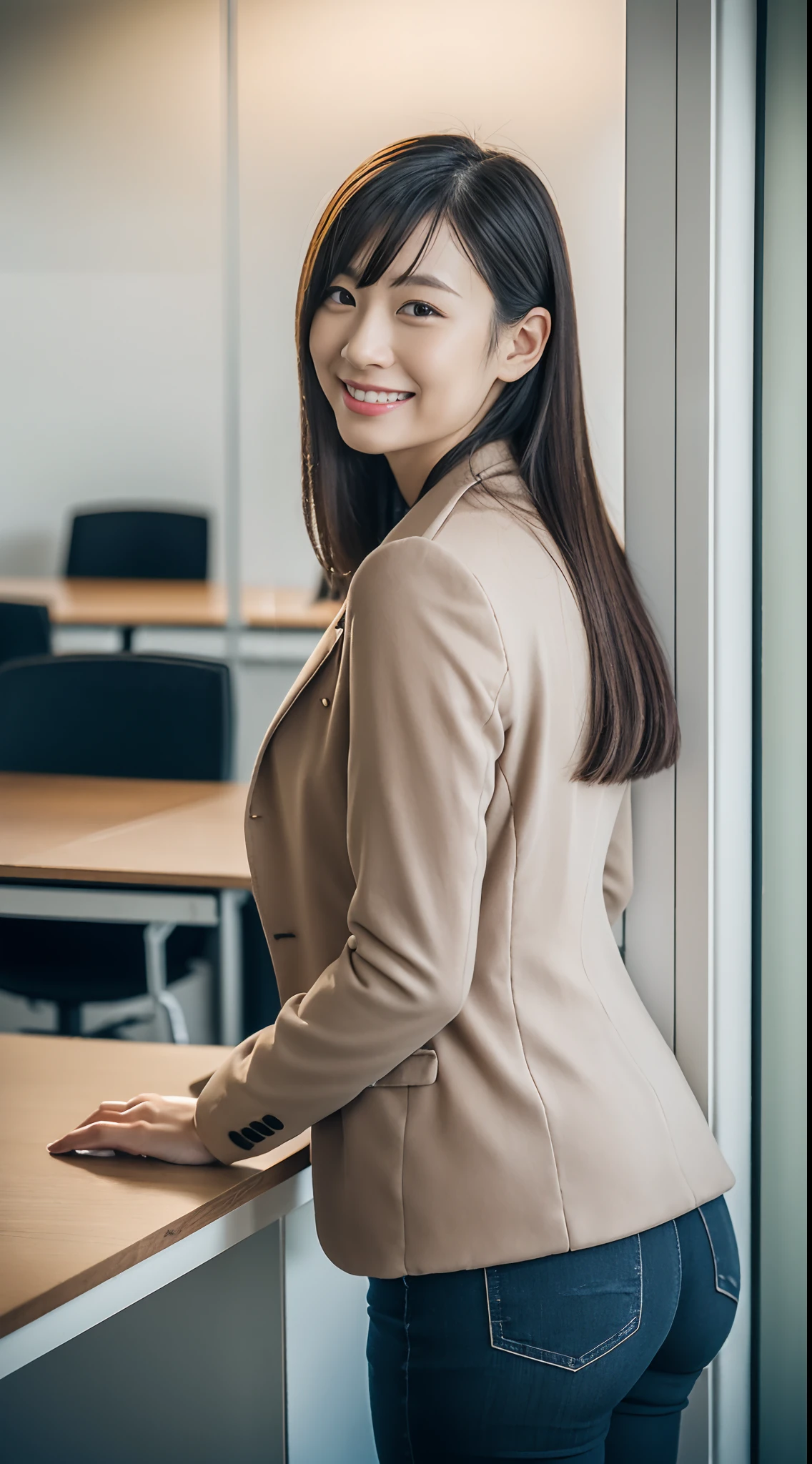 masutepiece, Best Quality, 超A high resolution,(photographrealistic:1.4) (depth of fields),(Lens Glow) , jaket:1.5、Inside the office:1.5、a Pretty Japanese woman:1.5、officeworker、Sexy buttocks:1.5、put hands on the hip:1.5、smil、Tight pants:1.5