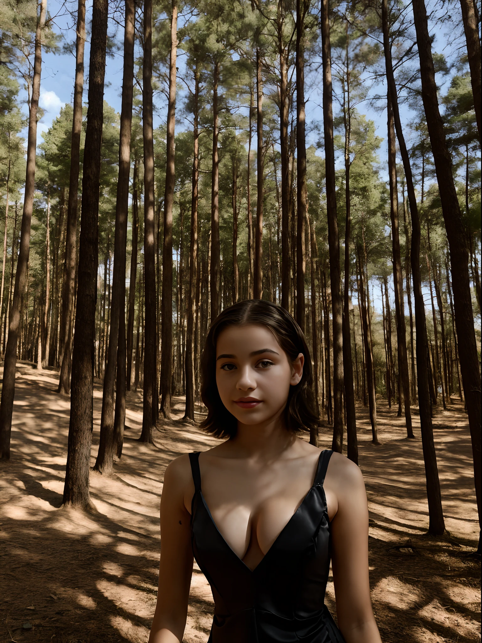 ((-teen girl)), bldress with V-neck, cleavage breasts, breast-to-face photo of the girl, very light skin, short hair, wooden houses in the forest, sunset, photorealistic, indirect lighting , volumetric light, ray tracing, hyperdetailed