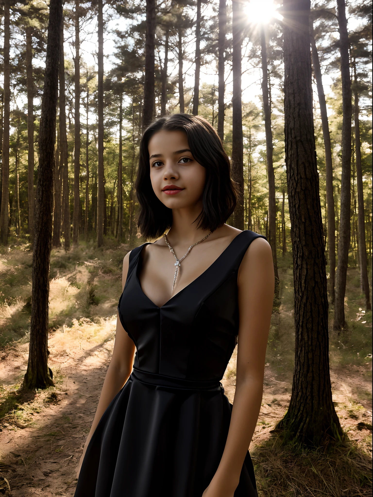 ((14 year old pre-teen girl)), black dress with V-neck, cleavage breasts, breast-to-face photo of the girl, very light skin, short hair, wooden houses in the forest, sunset, photorealistic, indirect lighting , volumetric light, ray tracing, hyperdetailed