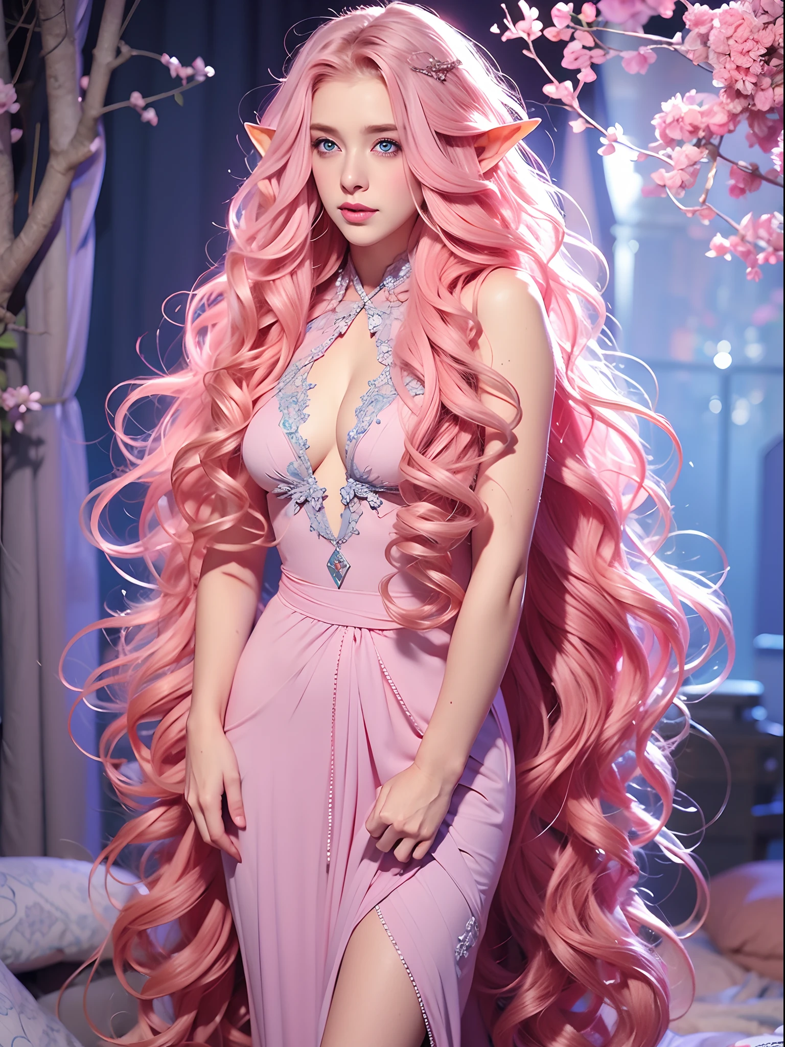 Woman, long curly hair, pink hair, blue eyes, elf, full body