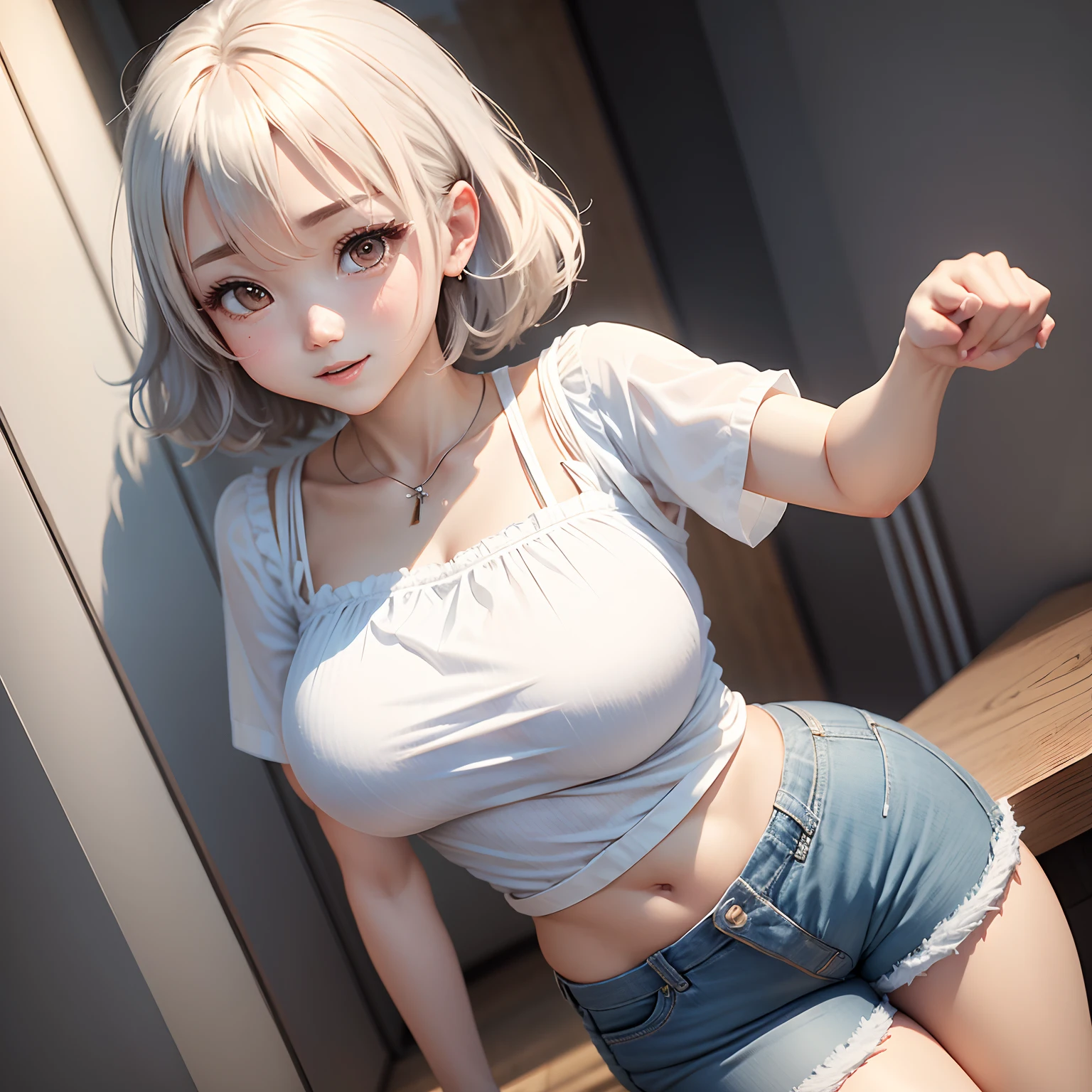 in 8K,beste-Qualit,Real Image,intricate detailes,Super-High Resolution,Depth Field,masuter piece,1 girl in,(cute little:1.2),an extremely beautiful -yeld gi((blue eyess)),(White hair),(Shorthair,Bob Hair),flawless skin,Very shiny skin,fair white skin,gigantic-breast,((cleavage of the breast)), big breasts thin waist,((A sexy)),((perfect anatomia,nice hand,perfect hand,Five fingers connected to the palm of the hand,accurate hands without incongruity)),watching at viewers,((student clothes)), White short-sleeved shirt,Chest open,bow ribbon,neck tie,Pleated skirt with a very short plaid pattern,(((tucking up the skirt))),skirt rift,white  panties,panties focus,(((Show off your panties))),Black socks,Brown loafers,thin blush,Thin smile,chubby under the clothes,Semi-body shot,squatting down,opening legs,during daytime,High School Physical Education Warehouse,Look down,Angle from below,Bright lighting,(Lighting from below)