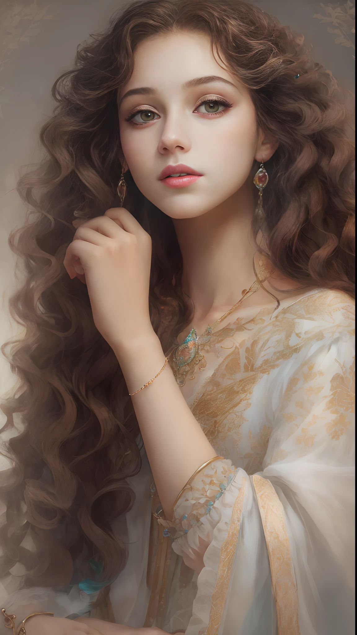 (Best quality, 4K, 8K, A high resolution, Masterpiece:1.2), Ultra-detailed, Realistic portrait of the upper body of an 18-year-old aristocratic girl, Exquisite facial features，Long brown curly hair details expressed, The posture is leisurely and natural，Graceful posture, The golden ratio of the head and body，Dreamy atmosphere, expressive brush strokes, mystical ambiance, Artistic interpretation,Delicately coiled hair，Floral jewelry with exquisite details, Crystal diamond jewelry，Small fresh aesthetics，Stunning intricate costumes, Fantasy illustration, Subtle colors and tones, mystical aura,The details have been upgraded