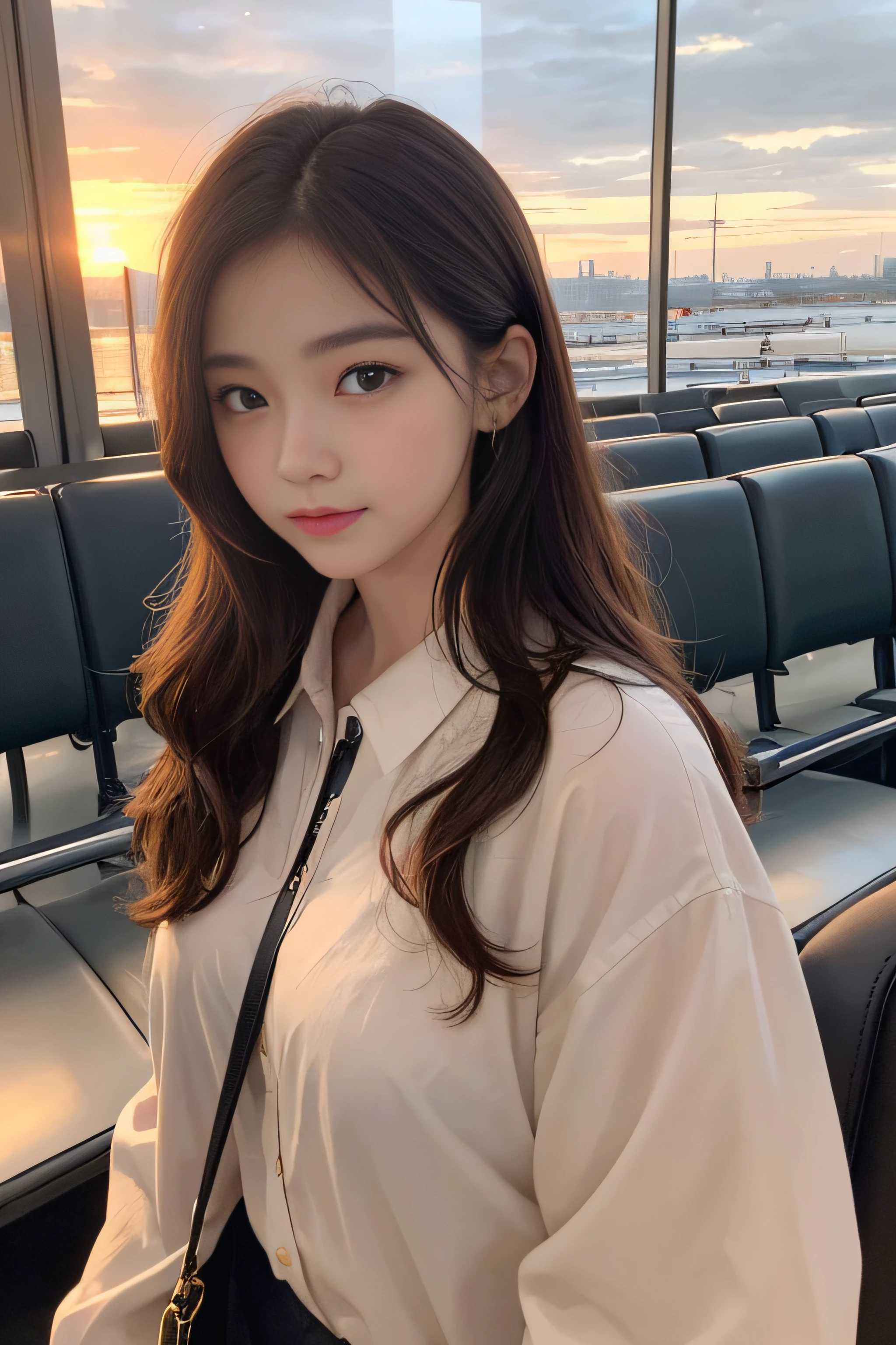 1womanl、Early 20s、(Strong-willed super beauty)、(ultra beautiful faces)、is standing、Wearing makeup、Wavy brown hair、(Airport in the evening:1.1)、Large windows at the departure gate、(Sunset view from background window)、Shallow depth of field