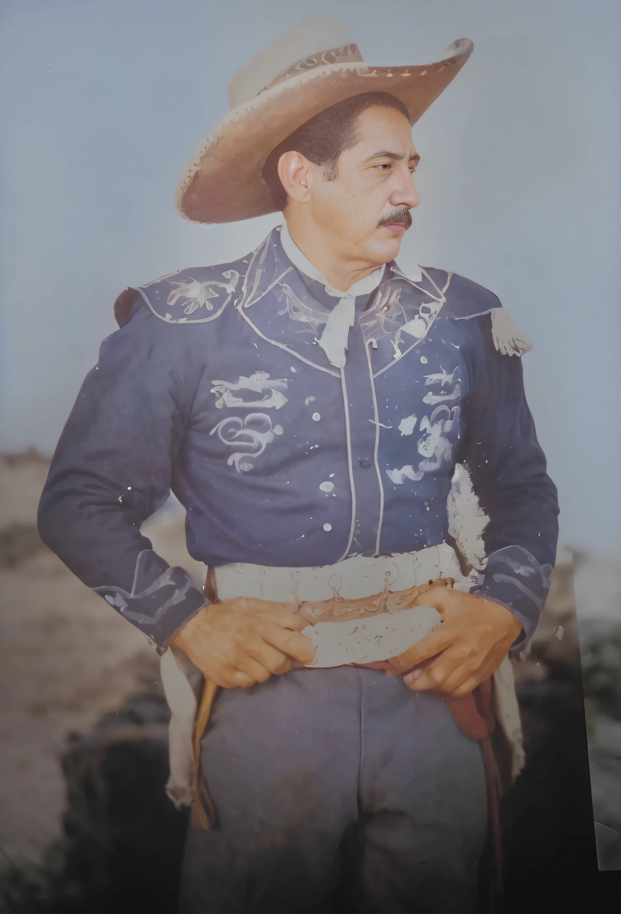 Pintura de un hombre con un traje de vaquero y sombrero sosteniendo una pistola, Vaquero mexicano, Una foto coloreada, old color photograph, colorized photograph, Foto coloreada, Foto antigua en color, foto restaurada, Color restaurado, Foto vintage en color, foto coloreada, luis nieves sr, low quality photograph, foto en color, Foto de baja calidad, Foto coloreada galardonada