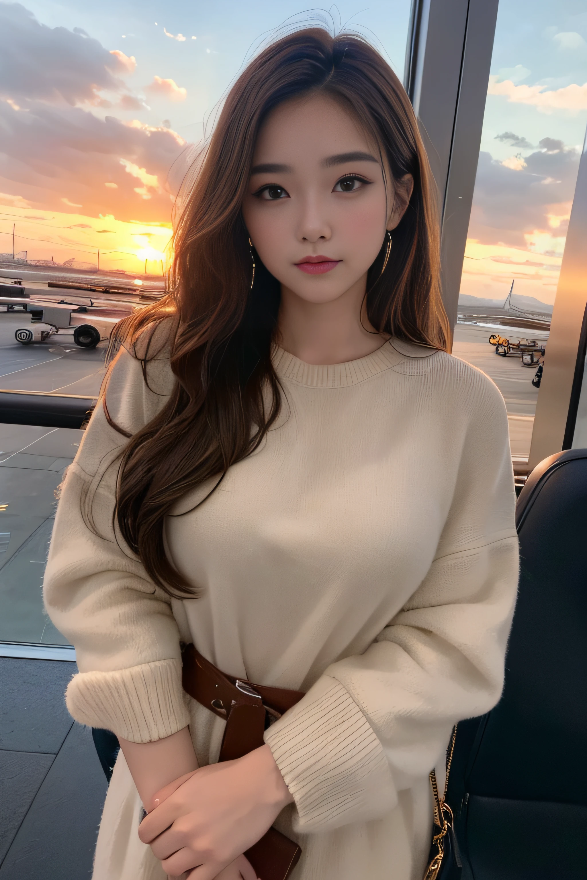 1womanl、Early 20s、(Strong-willed super beauty)、(ultra beautiful faces)、is standing、Wearing makeup、Wavy brown hair、(Airport in the evening:1.1)、Large windows at the departure gate、(Sunset view from background window)、Shallow depth of field