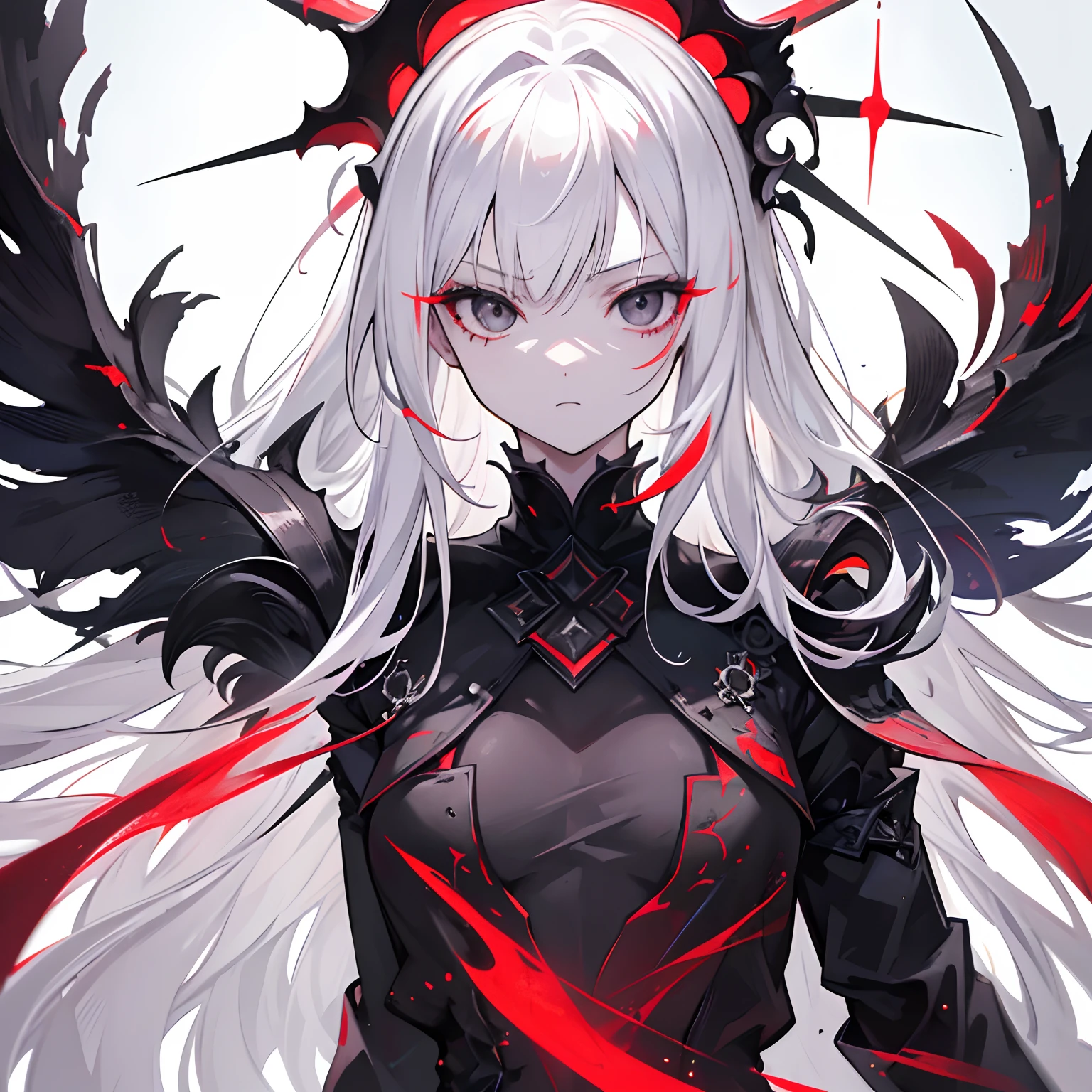 1girl, absurdly high resolution, masterpiece, extremely detailed, realistic, long white hair, (black eyes), sharp face, sharp eyes, scary face, slender, small, young, (glowing white), (black cracks in skin), red waves of power flowing, looking at viewer, mid shot, epic, intense