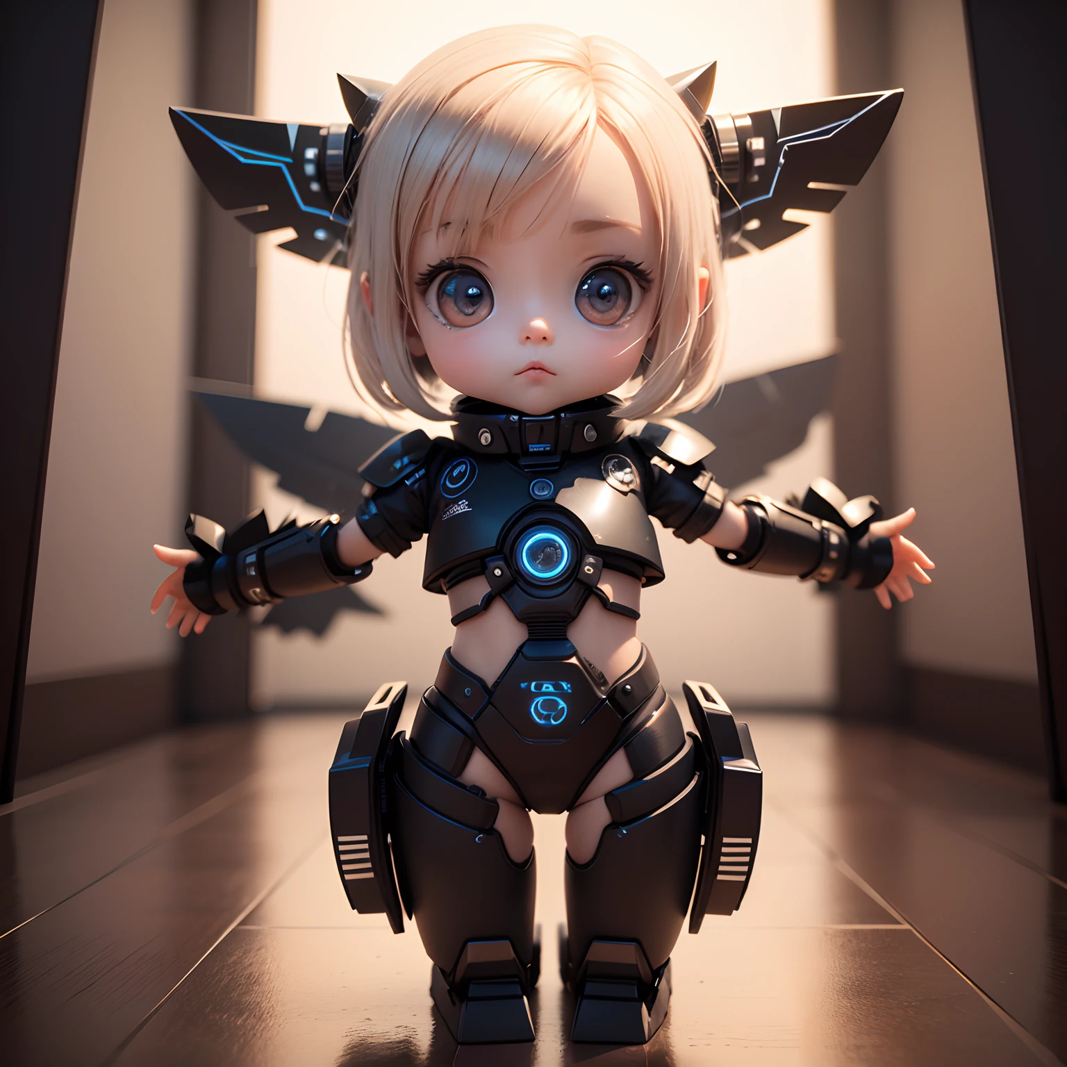 fully body photo,Cute Chibi Anime,(((chibi 3d))) (Best Quality), (masutepiece),the body is transparent,Small and cute,Wearing black and white mechs ,Big cute eyes,Dreamy glow,White background,globalillumination,Ray traching,nffsw,Rendering is not realistic,Reasonable design,high detal,tmasterpiece,best qualtiy,hyper HD,cinmatic lighting