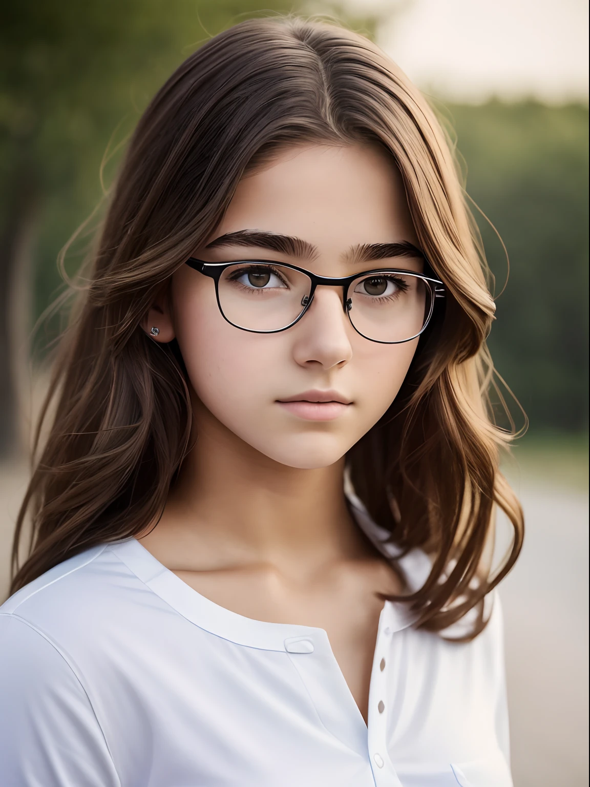 Realistic photo of a 16-year-old girl of European appearance; thick brown hair below the shoulder blades, slightly curly from medium length;;;, Large shiny dark brown eyes, long eyelashes, eyeglasses(Natural glare of glasses), thick eyebrows, Serious, хмурая, An indifferent look, looks at the camera from under his eyebrows(a slight tilt of the head forward and down); White uniform cotton shirt, white jeans, sneakers ; Without cosmetics; Straight posture, Direct view(full face); Professional studio photography with a film SLR camera("Zorkiy-4"), (Photos for documents), Anatomical realism(mandatory observance of the development and proportions of the body in accordance with the specified age (16yo)),,,, hight resolution, detailed skin texture, natural lightin, 8K, Texture of the photo card