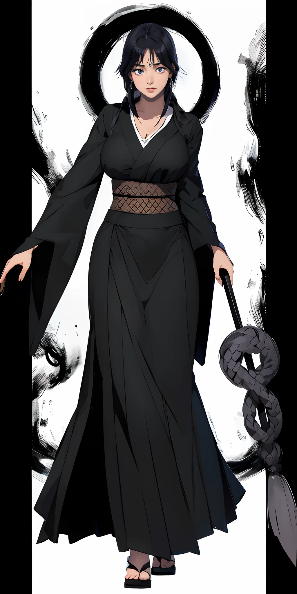 best quality, 3/4 body, portrait, beautiful well-endowed curvaceous woman with big gorgeous eyes, a powerful Shinigami from the Bleach universe, radiating an aura of spiritual energy. Dressed in traditional black robes and wielding a Zanpakuto, their presence commands respect. With intense eyes and a determined expression, they are ready to face any threat that arises in the realm of spirits. Best quality, intricate details, clean lines, eye-catching composition, soft tones, anime realism, perfect illustration