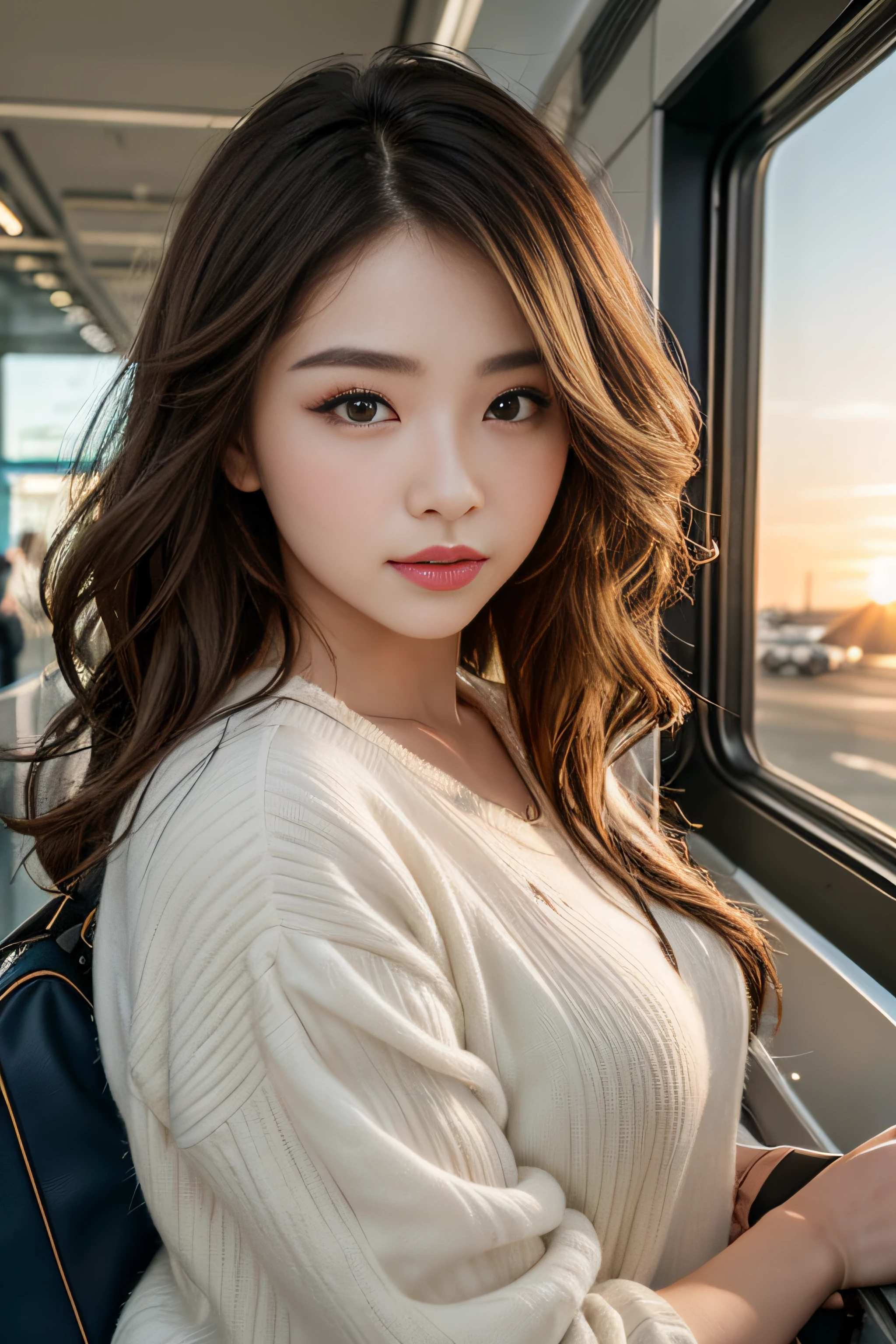 1womanl、Early 20s、(Strong-willed super beautiful woman)、(ultra beautiful faces)、is standing、Wearing makeup、Wavy brown hair、(Airport in the evening:1.1)、Large windows at the departure gate、(Sunset view from background window)、Shallow depth of field