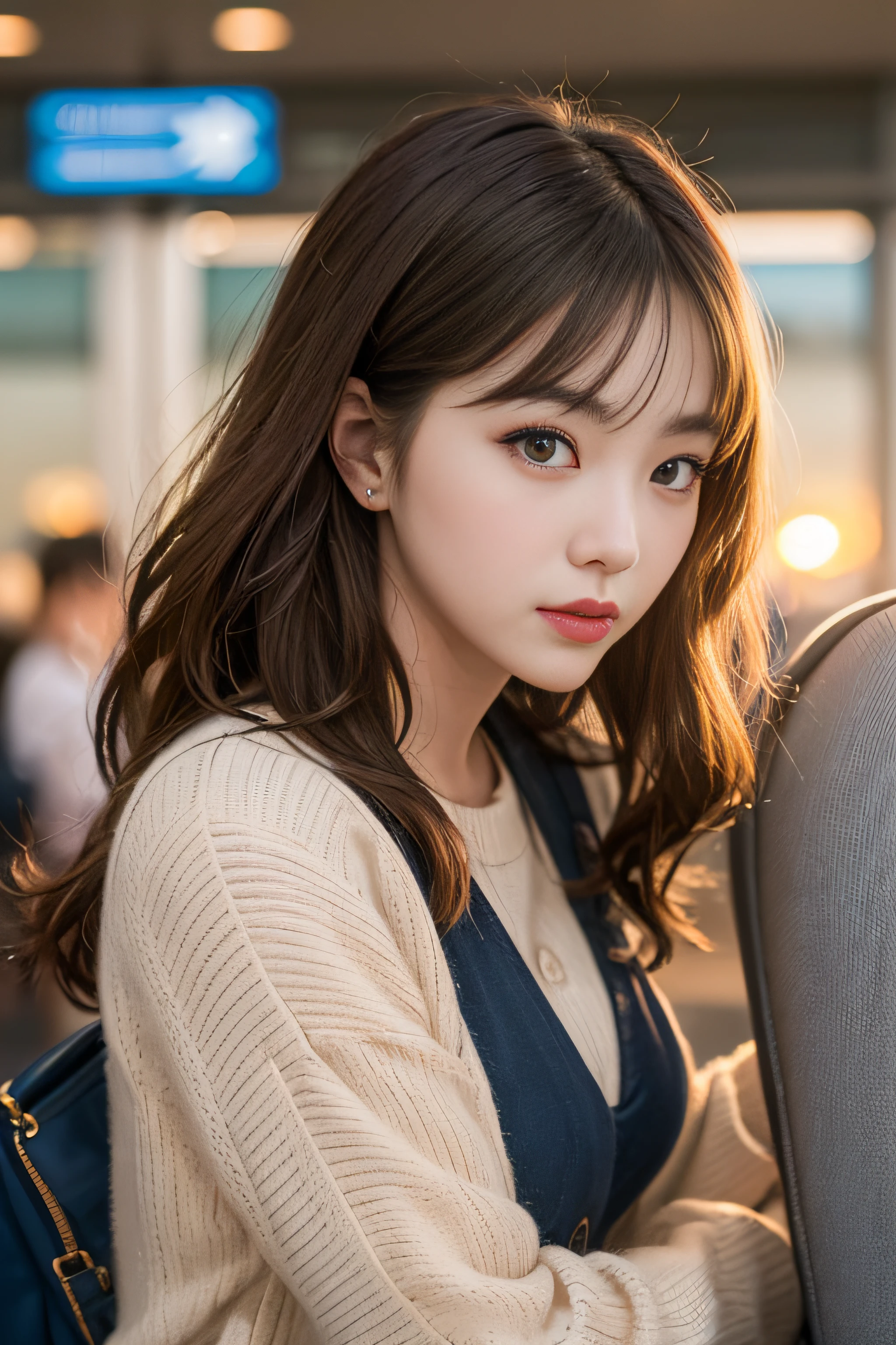 1womanl、Early 20s、(Strong-willed super beautiful woman)、(ultra beautiful faces)、is standing、Wearing makeup、Wavy brown hair、(Airport in the evening:1.1)、Large windows at the departure gate、(Sunset view from background window)、Shallow depth of field