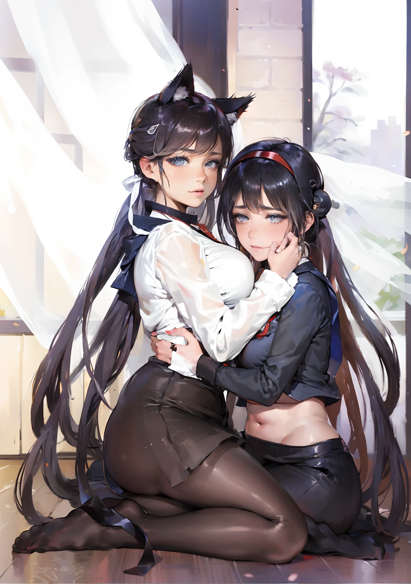 (RAW Photo, Photorealistic: 1.9), 40 year old women couple hugging in front of a window with a curtain, twintails, two beautiful anime girls, anime girl with cat ears, anime moe artstyle, black hair black cat ears, wlop and sakimichan, anime girls, ecchi anime style, in anime style, nixeu and sakimichan, from girls frontline, anime style 4 k