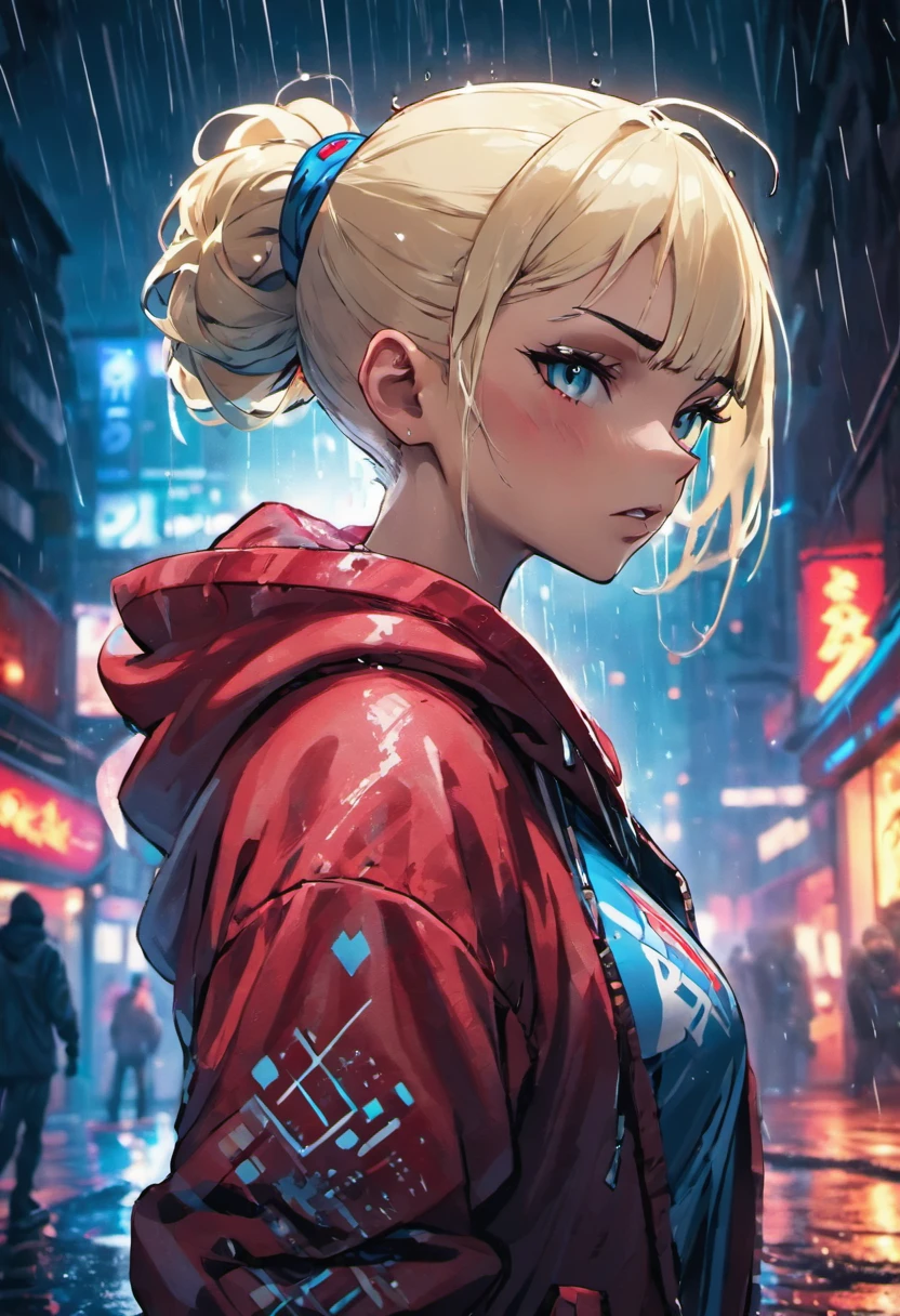 Closeup photograph, confident young cyberpunk woman with blonde and white hair in a bun, wearing a hoodie with red and blue designs on it, in a rain soaked street at night, photorealistic, cinematic lighting