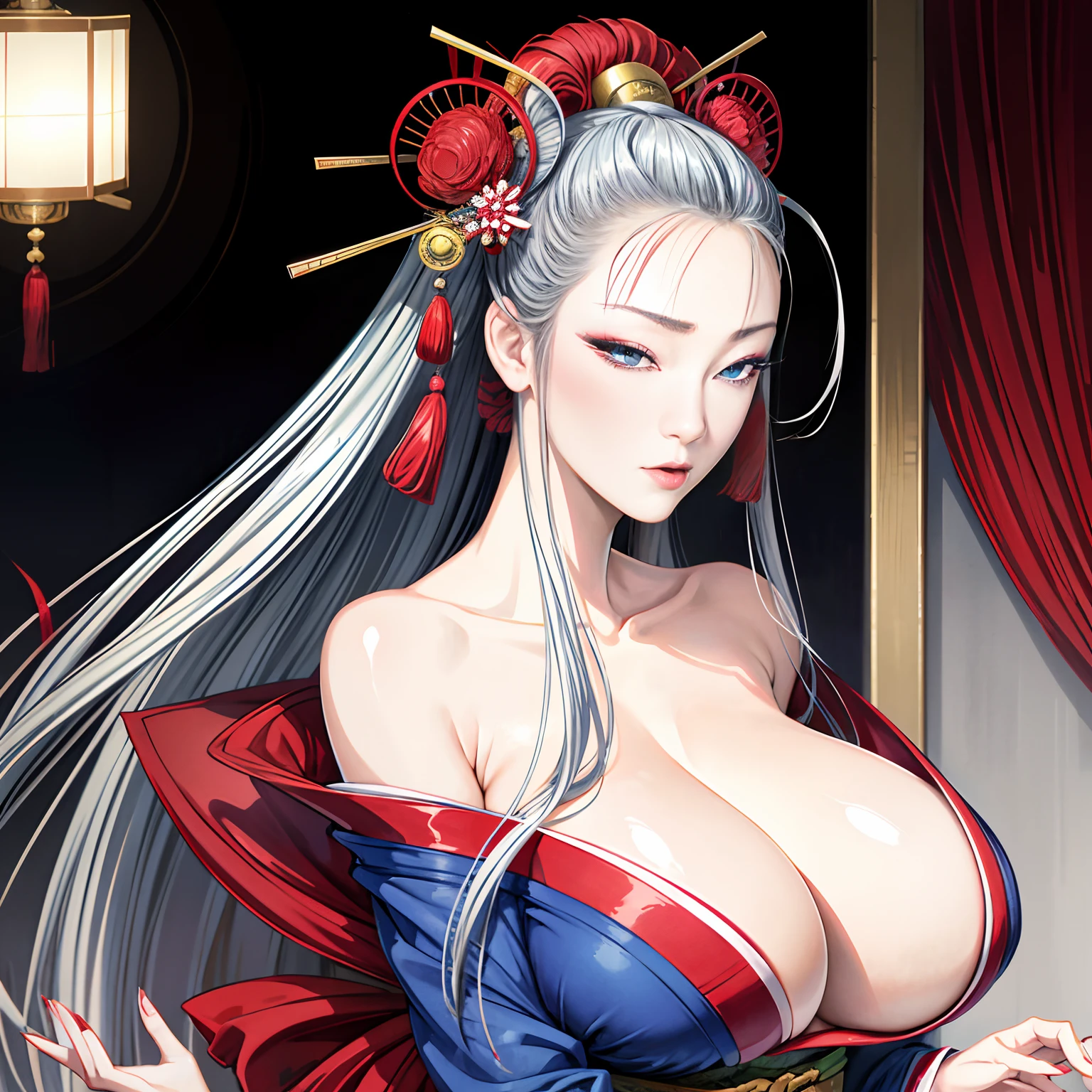 finest image, portrait, Japanese style painting, looking back, female, sexy, beautiful, cute, blue mysterious sharp slit eyes, light silver glossy hair, red alluring moist lips, amorous expression, lewd expression, ecstasy, orgasm, open Japanese kimono, huge breasts, under boobs, side boobs, great proportion, background Japanese style room, professional lighting