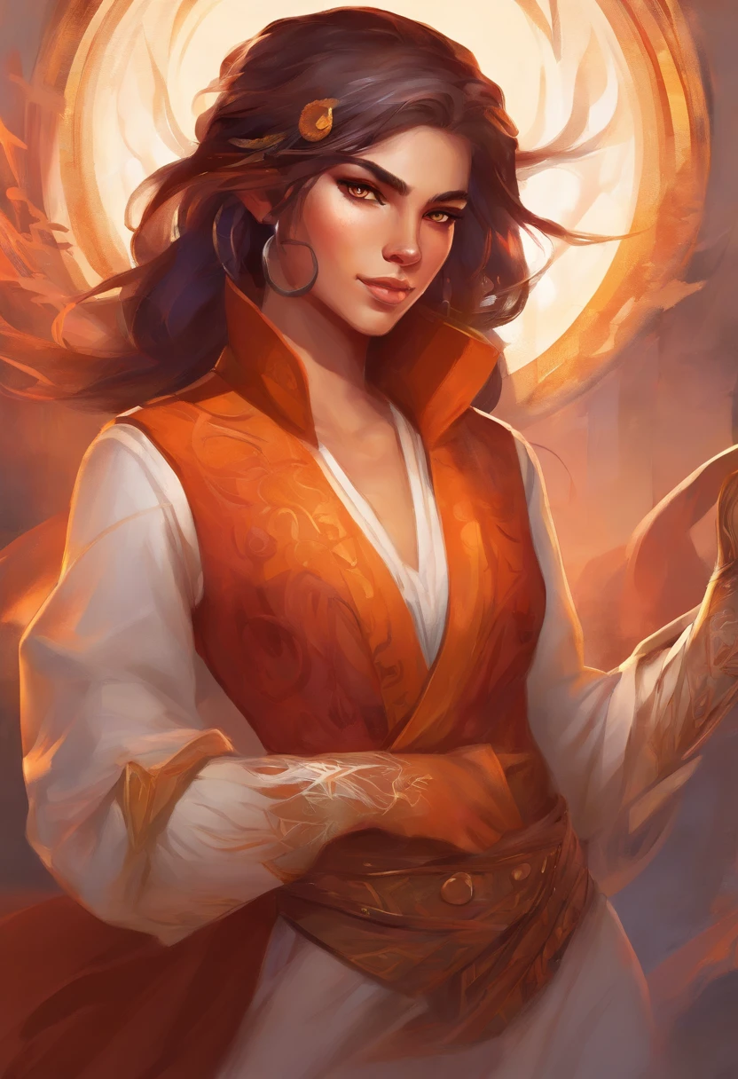 nonbinary cat person, brown chin-length hair, reddish-orange eyes, slit eyes, 5'6, 107 lbs, fully clothed, leather traveler's clothes