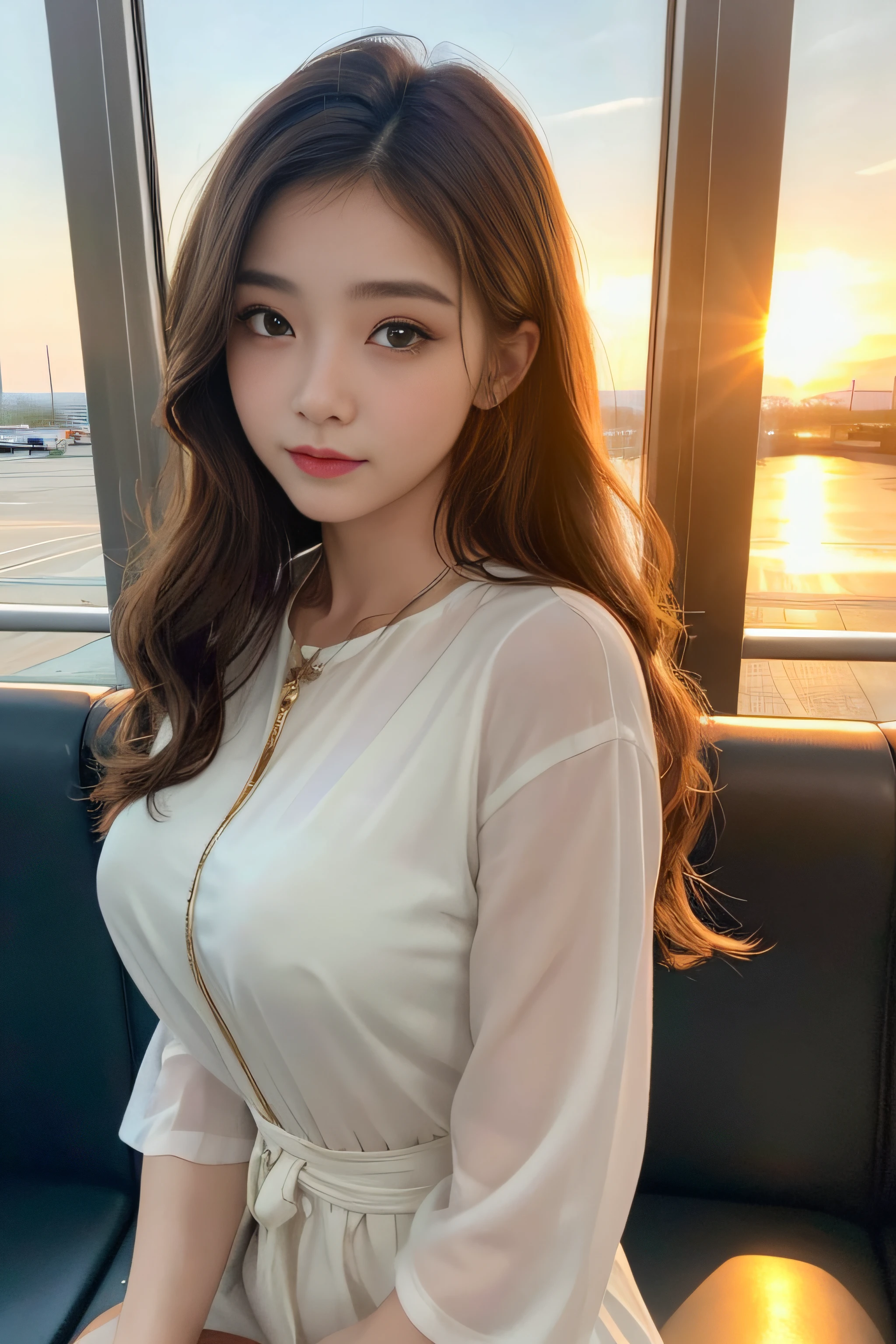 1womanl、Early 20s、(Strong-willed super beauty)、(ultra beautiful faces)、is standing、Wearing makeup、Wavy brown hair、(Airport in the evening:1.1)、Large windows at the departure gate、(Sunset view from background window)、Shallow depth of field