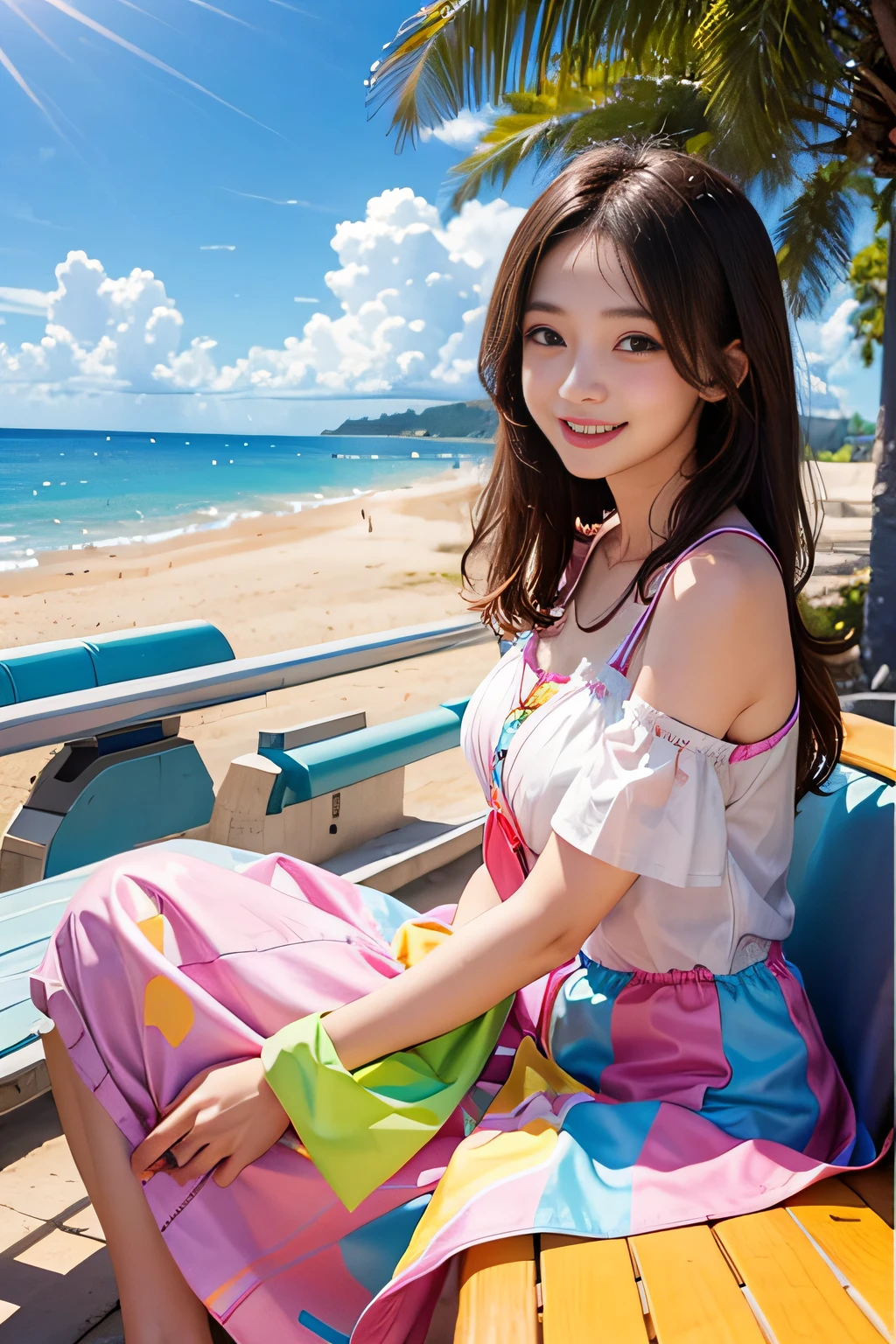 Height difference　30cm　、Young woman looking up、Happy smile when looking at this、Colorful summer clothes、