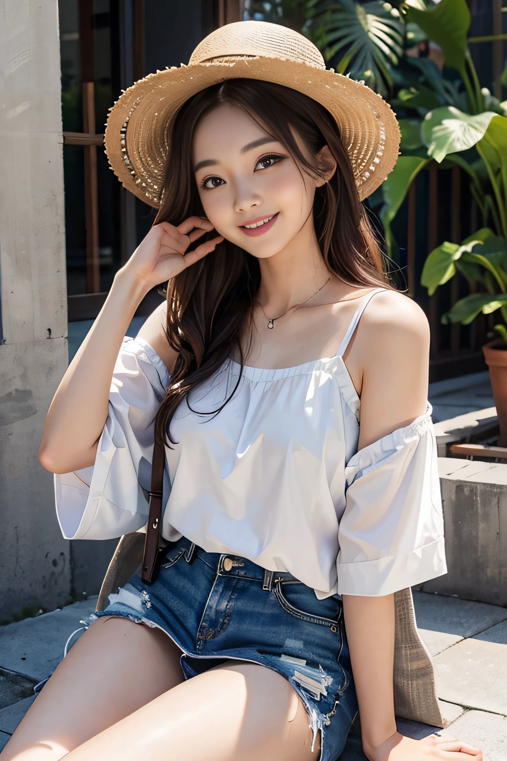 Height difference　30cm　、Young woman looking up、Happy smile when looking at this、Colorful summer clothes、