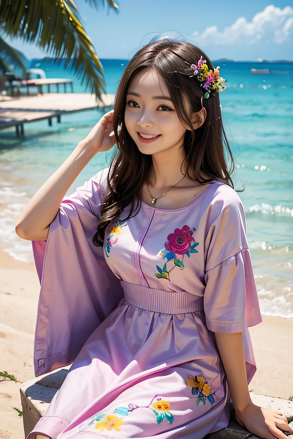 Height difference 30cm 、Young woman looking up、Happy smile when looking at this、Colorful summer clothes、
