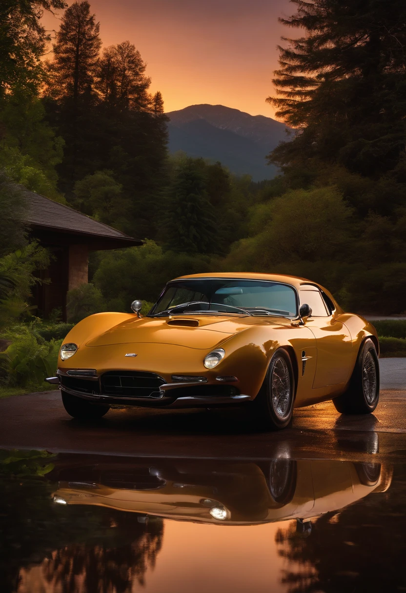 a house in the mountains, a sleek sports car parked in the driveway, lush trees surrounding the property, the serene beauty of the night, the warm and golden hues of the evening sky, the highest level of image quality with UHD and 8k resolution, every minute detail depicted with incredible precision, a reflective rain with some puddles