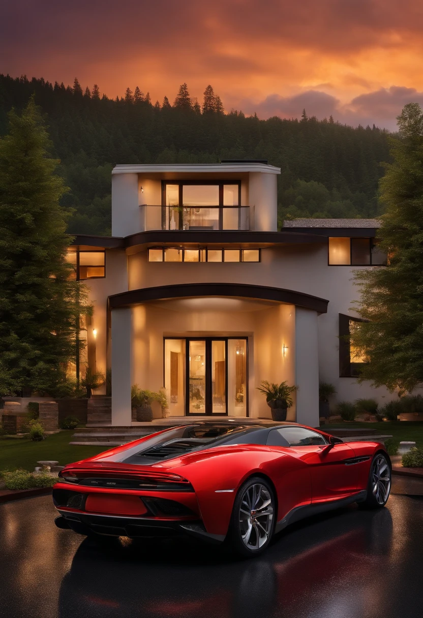 a house in the mountains, a sleek sports car parked in the driveway, lush trees surrounding the property, the serene beauty of the night, the warm and golden hues of the evening sky, the highest level of image quality with UHD and 8k resolution, every minute detail depicted with incredible precision, a reflective rain with some puddles