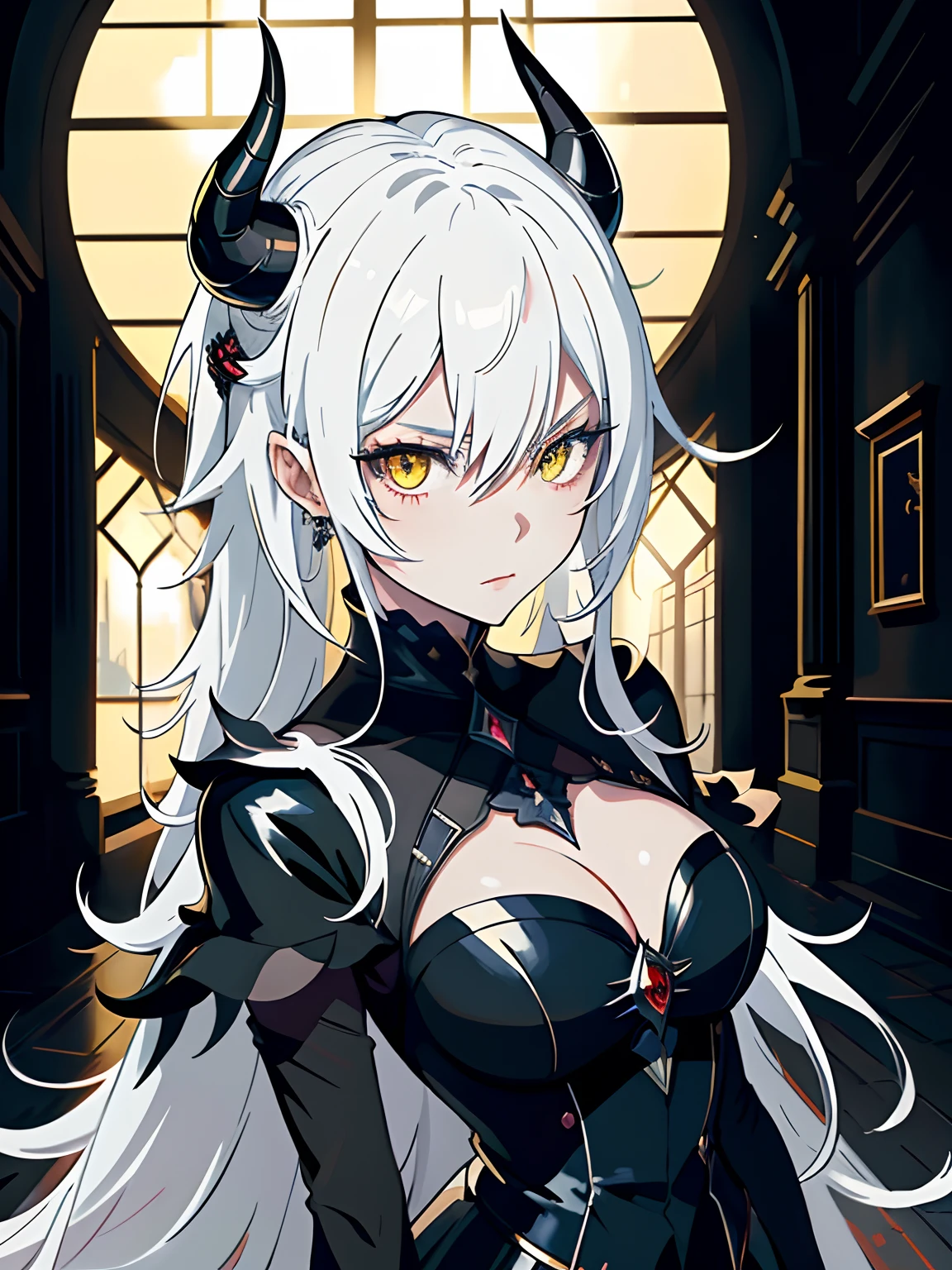 ((masterpiece, best quality)), (1girl, anime girl in the dark castle hall),(mature, devil horn), (solo), (female focus), (white hair, messy hair), yellow eyes, ((black dress, empress)),yandere, evil, portraits, close up, upper body