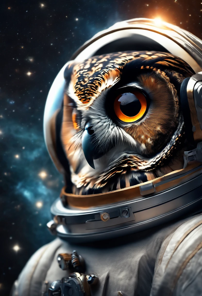 owl dressed as an astronaut, in space, 8k details, ultrarealistic
