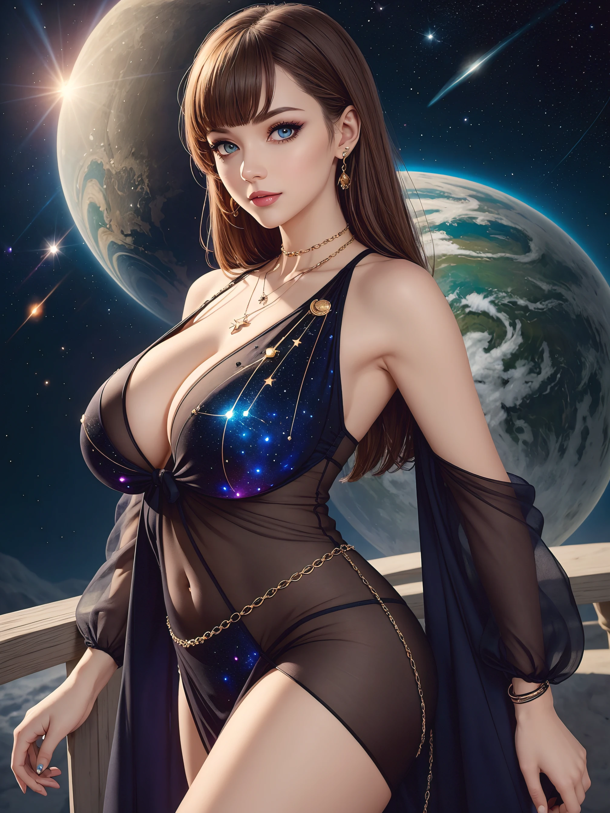 (best quality, masterpiece:1.2), (best illustration), (extremely detailed illustration), (looking at viewer:1.4), (full_body:0.9), (woman, 25yo:1.2), (gigantic breasts:1.2), bangs, (Confident_Allure_Pose, Enigmatic_Gesture, cheerful_Expression, Unique_Twist:1.3), Cosmic_Casual_Chic, Everyday_Galactic_Style, Relaxed_Astronomical_Fashion, natural_lighting, galactic_see-through_blouse, Astronomical_Jewelry, Galactic_Makeup, Futuristic_Pendant,