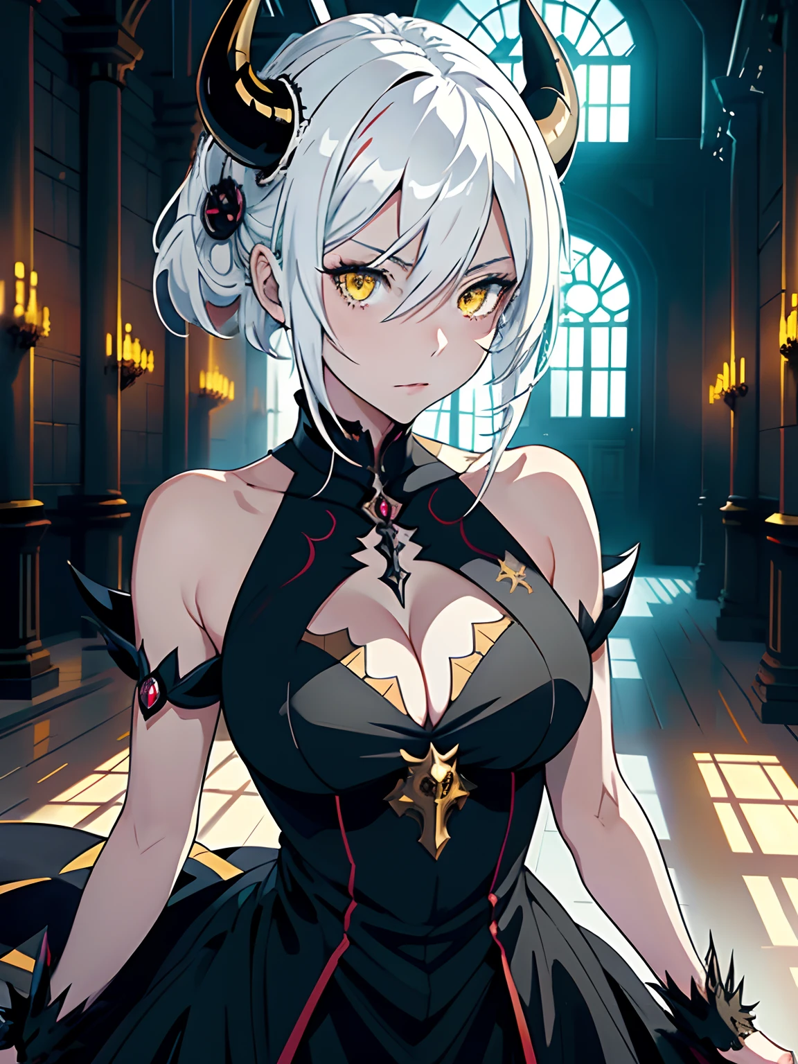 ((masterpiece, best quality)), (1girl, anime girl in the dark castle hall),(mature, devil horn), (solo), (female focus), (white hair, messy hair), yellow eyes, ((black dress, empress)),yandere, evil, portraits, close up, upper body