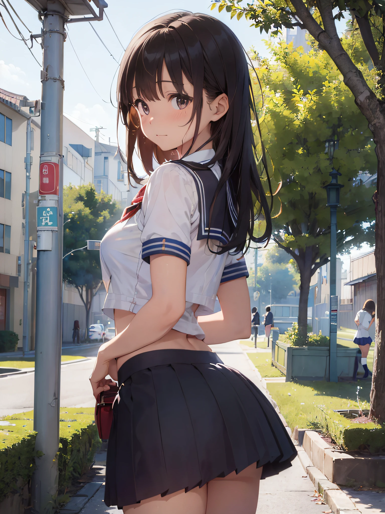 (​masterpiece:2.0), (top-quality:2.0), (Ultra mini skirt extremely short length school girl uniform:1.5), (view from the side:1.5), (sexypose:1.5), (blushed face:1.3), (barechested:1.3), (Spilling boobs:1.4), (realistic:1.5), 1 ***********, precise small hands, Embarrassed look, light smile, extremely cute girl, innocent face, young face, Clear eyes, Shining eyes, small breast, cleavage of the breast is visible, Tummy is visible, The buttocks is visible, The crotch is visible, No pubic hair, The beautiful skin, ultra-definition, Top resolution, japan high school student, brown hair, in the park