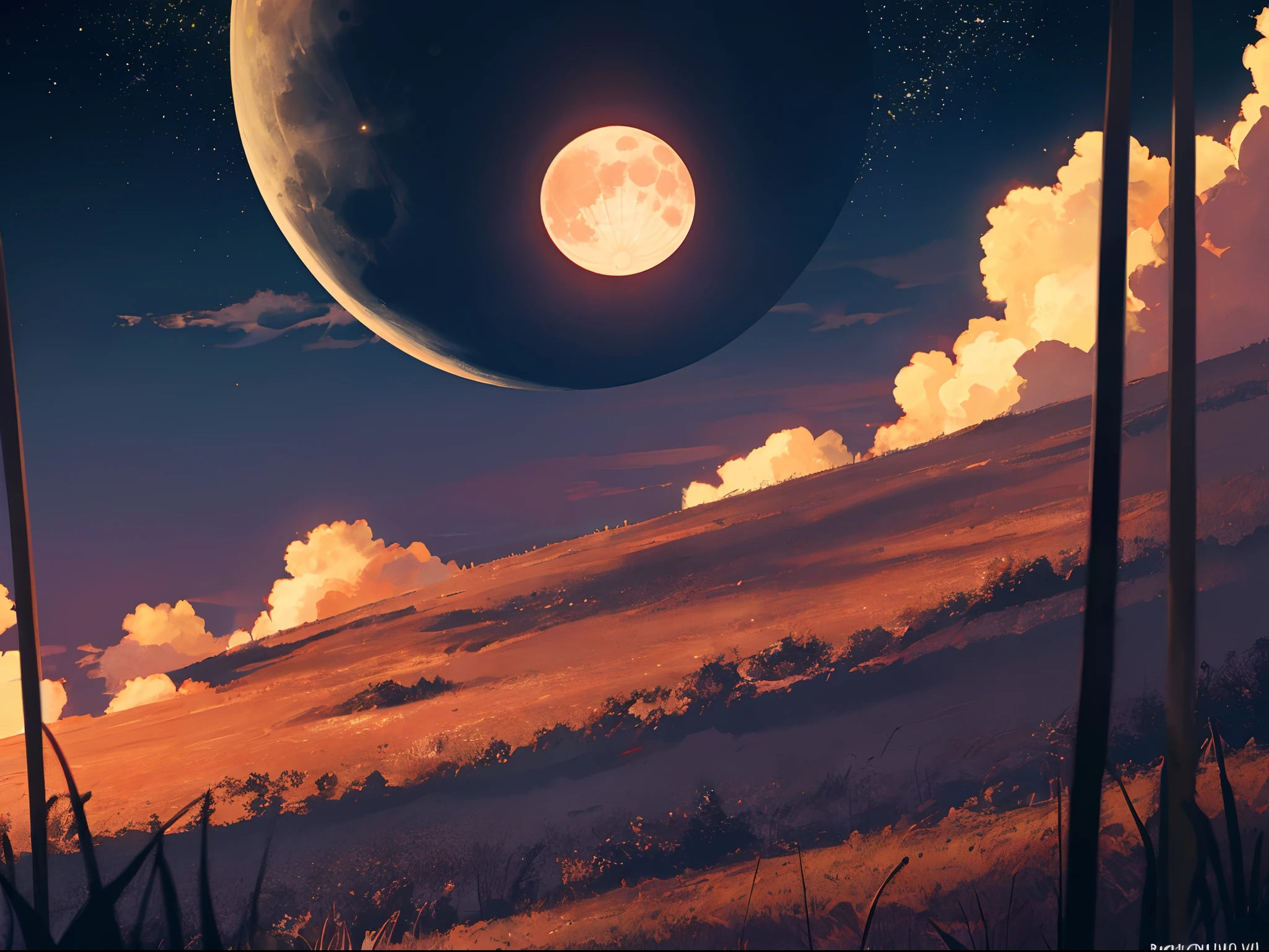Reddish moon in dark sky, com outras luas ao seu redor