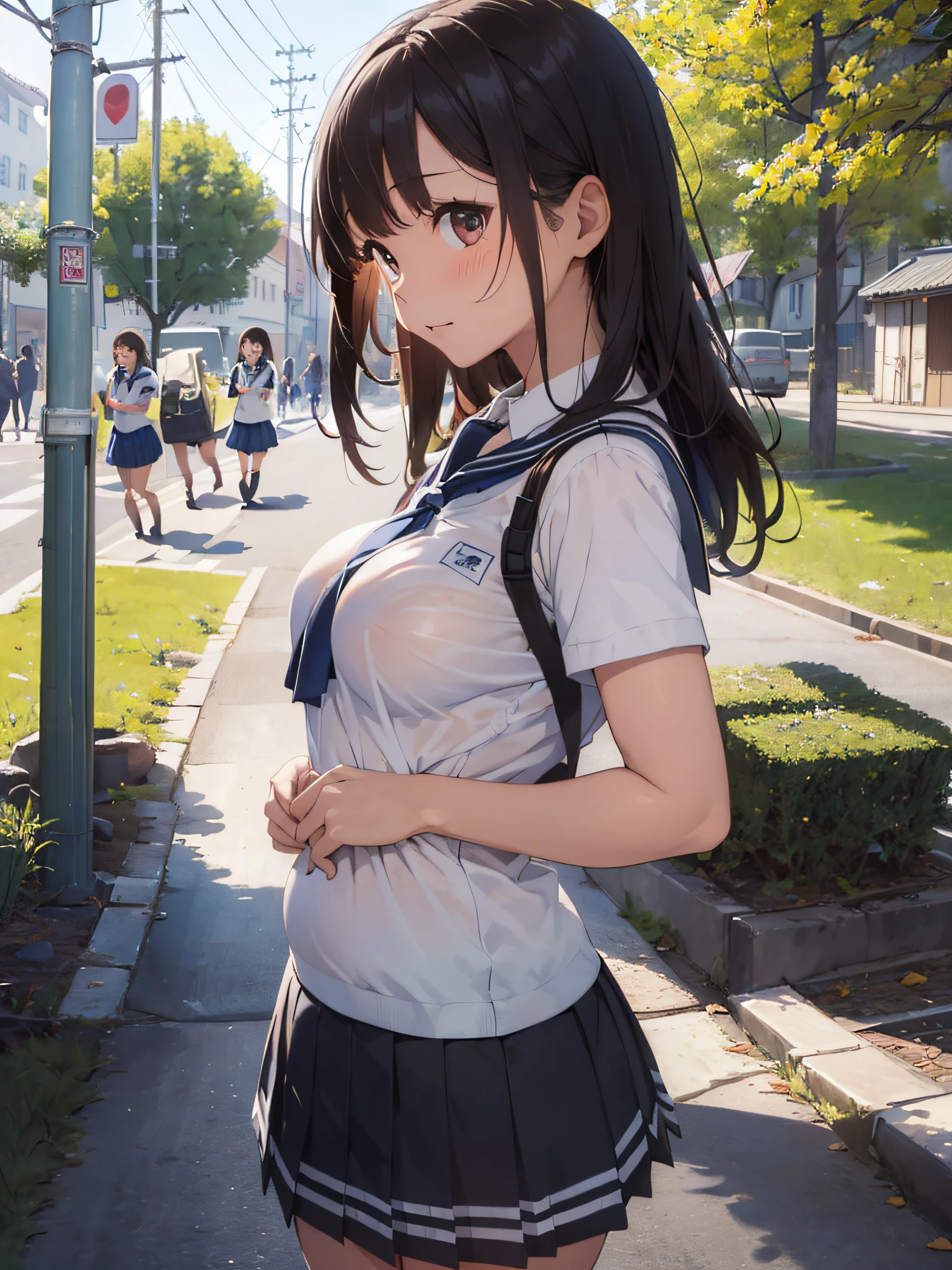 (masterpiece:2.0), (top-quality:2.0), (Ultra mini skirt extremely short length school girl uniform:1.5), (view from the side:1.5), (sexypose:1.5), (blushed face:1.3), (barechested:1.3), (Spilling boobs:1.4), (realistic:1.5), 1 girl, precise small hands, Embarrassed look, light smile, extremely cute girl, innocent face, young face, Clear eyes, Shining eyes, small breast, cleavage of the breast is visible, Tummy is visible, The buttocks is visible, The crotch is visible, No pubic hair, The beautiful skin, ultra-definition, Top resolution, japan high school student, brown hair, in the park