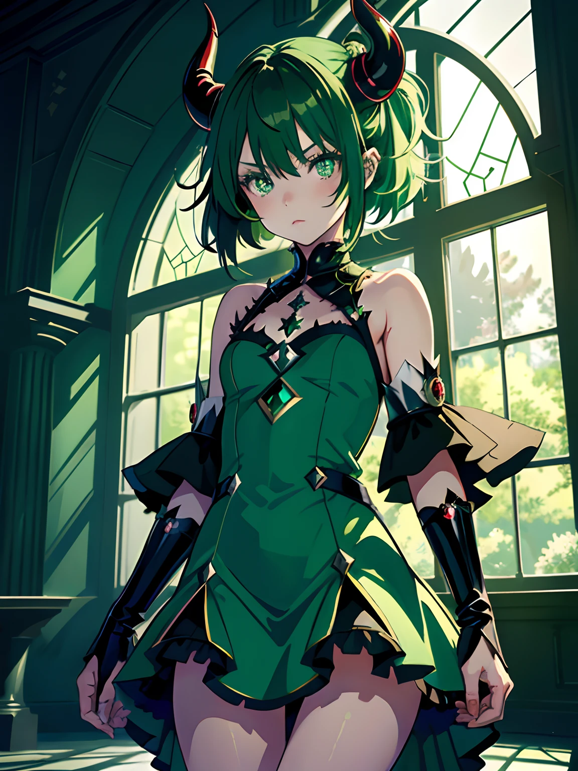 ((masterpiece, best quality)), (1girl, anime girl in the dark castle hall),(loli, little girl, devil horn), (solo), (female focus), (green hair, messy hair), green eyes, ((short dress, empress)),yandere, evil, portraits, close up, upper body