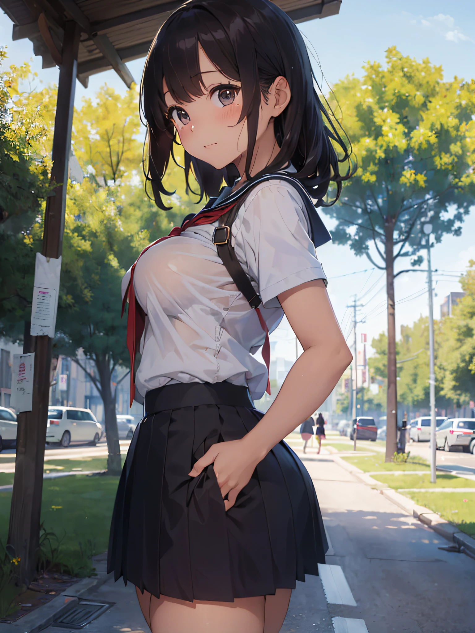 (masterpiece:2.0), (top-quality:2.0), (Ultra mini skirt extremely short length school girl uniform:1.5), (view from the side:1.5), (sexypose:1.5), (blushed face:1.3), (barechested:1.3), (Spilling boobs:1.4), (realistic:1.5), 1 , precise small hands, Embarrassed look, light smile, extremely cute girl, s, Shining eyes, small breast, cleavage of the breast is visible, The buttocks is visible, The crotch is visible, No pubic hair, The beautiful skin, ultra-definition, Top resolution, japan high school student, brown hair, in the park