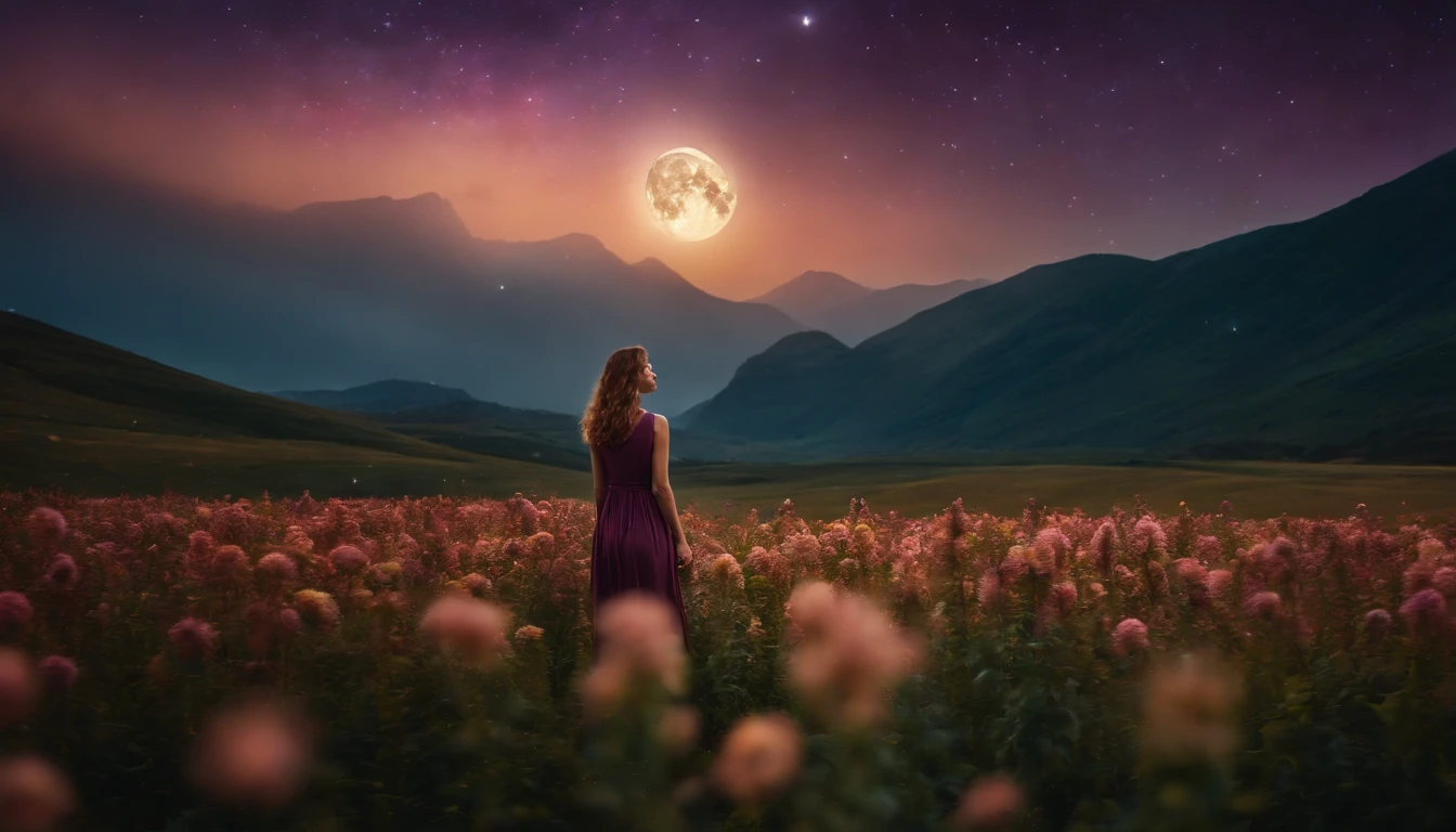 Vast landscape photo, (viewed from below, the sky is above and the open field is below), a girl standing on a flower field looking up, (full moon: 1.2), (meteor: 0.9), (nebula: 1.3), distant mountains , Trees BREAK Crafting Art, (Warm Light: 1.2), (Fireflies: 1.2), Lights, Lots of Purple and Orange, Intricate Details, Volumetric Lighting, Realism BREAK (Masterpiece: 1.2), (Best Quality), 4k, Ultra-Detailed, (Dynamic Composition: 1.4), Very Detailed, Colorful Details, (Rainbow Colors: 1.2), (Glow Lighting, Atmospheric Lighting), Dreamy, Magical, (Solo: 1.2)