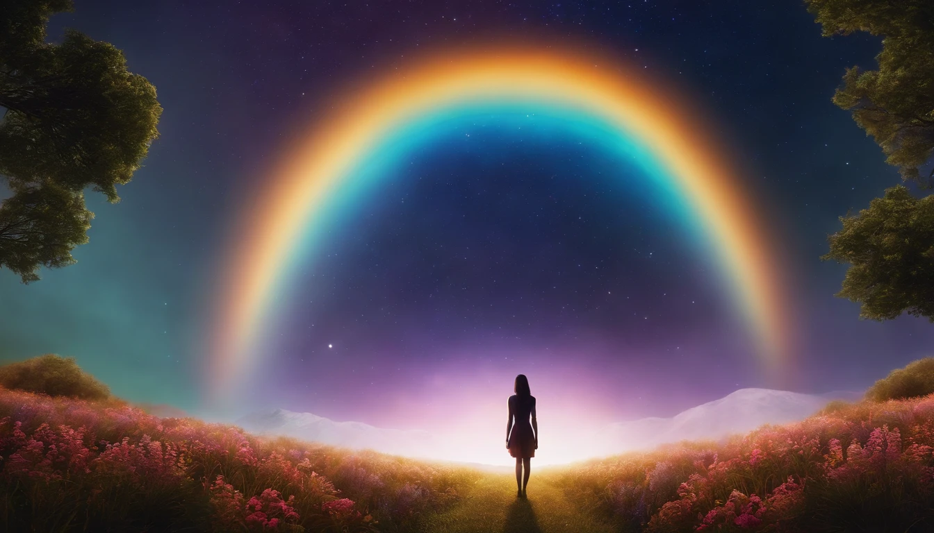 Vast landscape photo, (viewed from below, the sky is above and the open field is below), a girl standing on a flower field looking up, (full moon: 1.2), (meteor: 0.9), (nebula: 1.3), distant mountains , Trees BREAK Crafting Art, (Warm Light: 1.2), (Fireflies: 1.2), Lights, Lots of Purple and Orange, Intricate Details, Volumetric Lighting, Realism BREAK (Masterpiece: 1.2), (Best Quality), 4k, Ultra-Detailed, (Dynamic Composition: 1.4), Very Detailed, Colorful Details, (Rainbow Colors: 1.2), (Glow Lighting, Atmospheric Lighting), Dreamy, Magical, (Solo: 1.2)