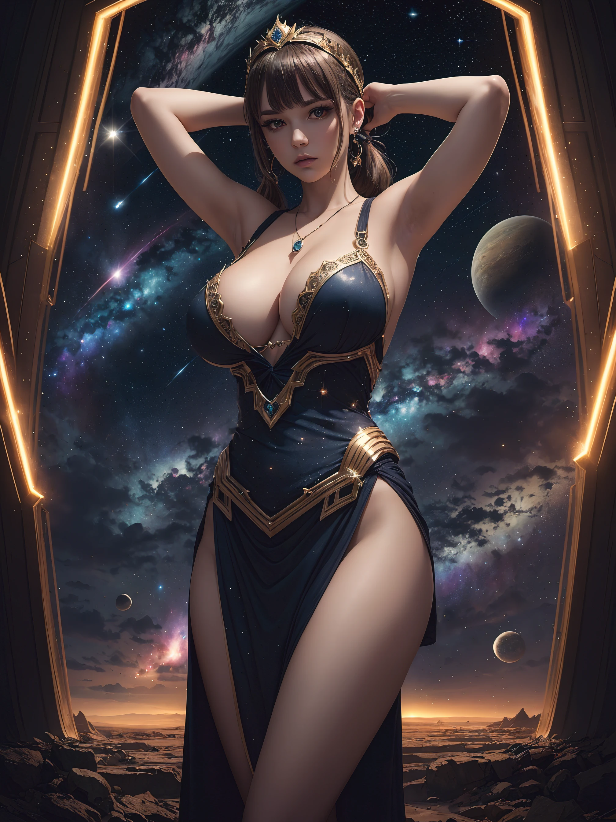 (best quality, masterpiece:1.2), (best illustration), (extremely detailed illustration), (looking at viewer:1.4), (full_body:0.9), (woman, 25yo:1.2), (gigantic breasts:1.4), twintails, bangs, (Confident_Allure_Pose, Enigmatic_Gesture, Captivating_Expression, Unique_Twist:1.3), revealing, Cosmic_Dreamer_Fashion, Galactic_Color_Palette, Starry_Hairstyle, Cosmic_headpiece, Astronomical_Jewelry, Galactic_Makeup, Futuristic_Pendant, Dramatic_Cinematic_Lighting,