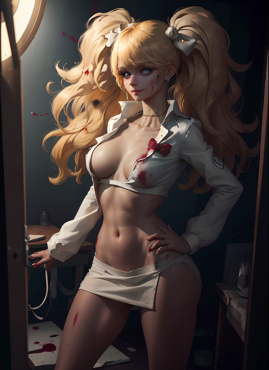 (masterpiece, best quality, 1girl, standing, blonde hair, straight bangs, medium breasts, white outfit, women's patient clothing, long sleeves, blood traces, intricate details, perfect eyes, chromatic aberration), (ringed eyes), (interview:1.3), RAW photo, crazy look, girl looks in the mirror, light smile, (evil:1.2), realistic style, (asylum), abandoned, dim lighting, upper body, long legs, large hips, dark background, (blood:1.1)