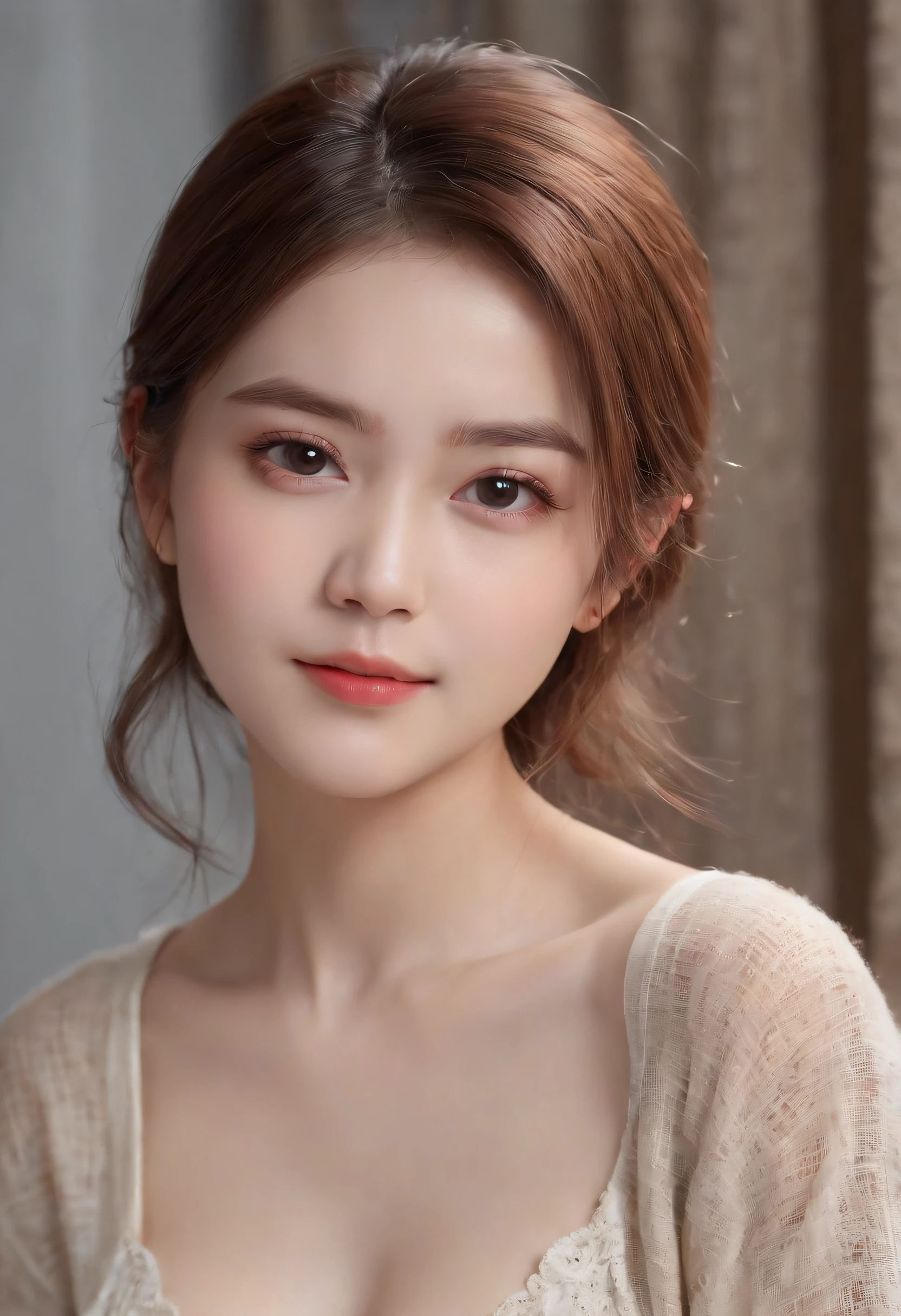 (masterpiece:1.3), (8K, Photorealsitic, Raw photography, Top image quality: 1.4), Japan high school girls、(Random hairstyles:1.2)、cleavage of the breast:1.2、Super Detail Face、Eye of Detail、二重まぶた、Bring your chest together、foco nítido:1.2、prety woman:1.4、light brown hair、top-quality、masterpiece、超A high resolution、(Photorealsitic:1.4)、Highly detailed and professional lighting smile、Loose and light knitwear、Shoulder out、slender、serious facial expression、short-haired、Fatal position