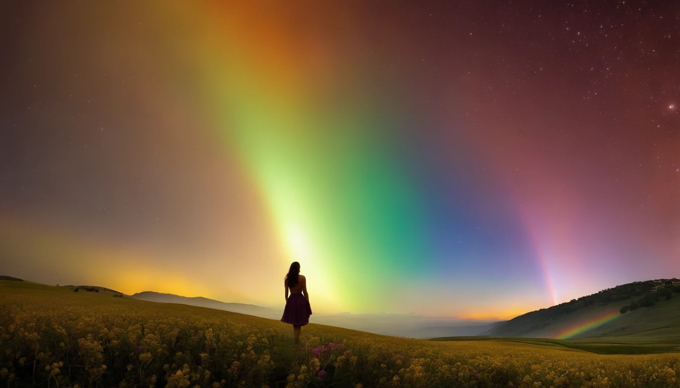 Vasta foto de paisagem, (vista de baixo, The sky is above and the open field is below), a girl standing on a flower field looking up, (lua cheia: 1.2), (meteoro: 0.9), (nebulosa: 1.3), montanhas distantes, Árvores BREAK Crafting Art, (Luz Quente: 1.2), (Vagalumes: 1.2), Luzes, Muito Roxo e Laranja, Detalhes Intrincados, volumeric lighting, Realismo BREAK (Obra-prima: 1.2), (melhor qualidade), 4k, ultra-detalhado, (dynamic compositing: 1.4), detalhes muito detalhados e coloridos, (rainbow colors: 1.2), (bright illumination, Atmospheric Illumination), sonhador, magica, (solo: 1.2)