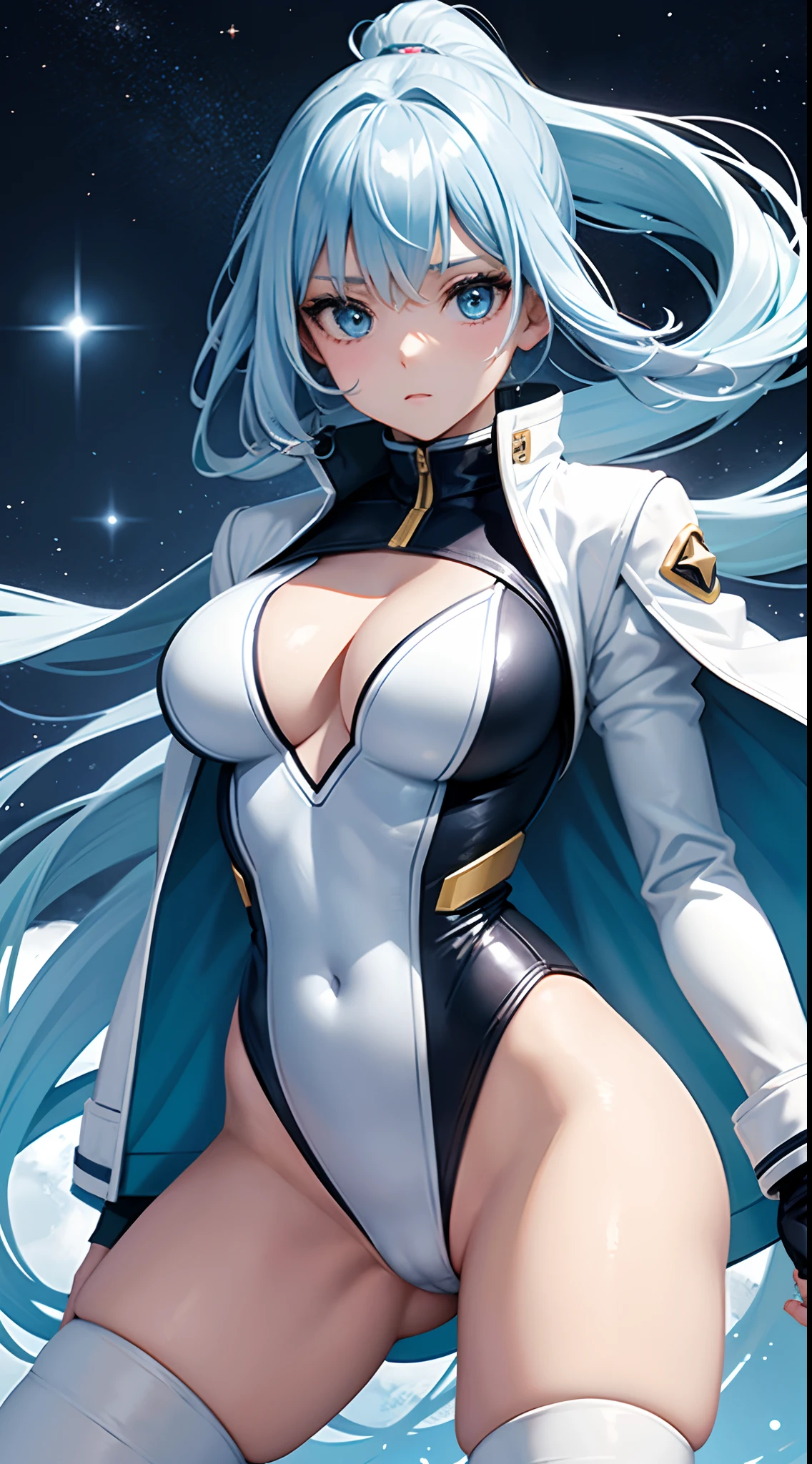 Space Warrior Girl with long light blue hair White Leotard Jacket Open your jacket and check your cleavage After that, buttocks visible White panty