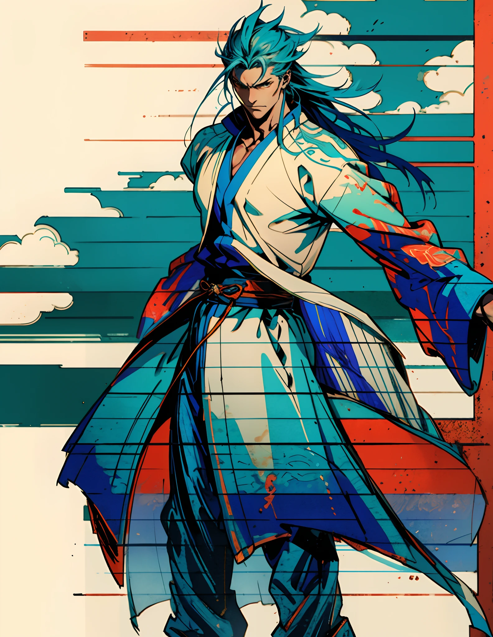 A man with disheveled long hair, a cascade of unruly locks, a handsome countenance, a carefree expression, tall and slender, wears a light-colored Chinese-style undershirt, over which he layers a loose dark-colored long daoist robe, long and wide sleeves, wears dark pants, surrounded by colorful clouds and mist, stands amidst a colorful sea of clouds and mist, this character embodies a finely crafted fantasy-style Chinese martial artist character in anime style, characterized by an exquisite and mature manga illustration art style, high definition, best quality, highres, ultra-detailed, ultra-fine painting, extremely delicate, professional, anatomically correct, symmetrical face, extremely detailed eyes and face, high quality eyes, creativity, RAW photo, UHD, 8k, Natural light, cinematic lighting, masterpiece:1.5