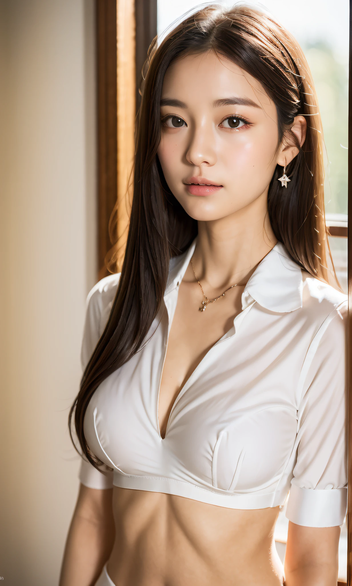 ultra-detailliert、hight resolution、top-quality、masuter piece、(Raw foto:1.2)、(Photorealsitic:1.4)、8k wallpaper、1 High School Girl、beautiful a girl、extra detailed face:1.3、beatiful detailed eyes:1.3、(White School Blouse:1.2)、JK school uniform、huge-breasted:1.3、Peel your chest、 cinematlic lighting、 (bra very)