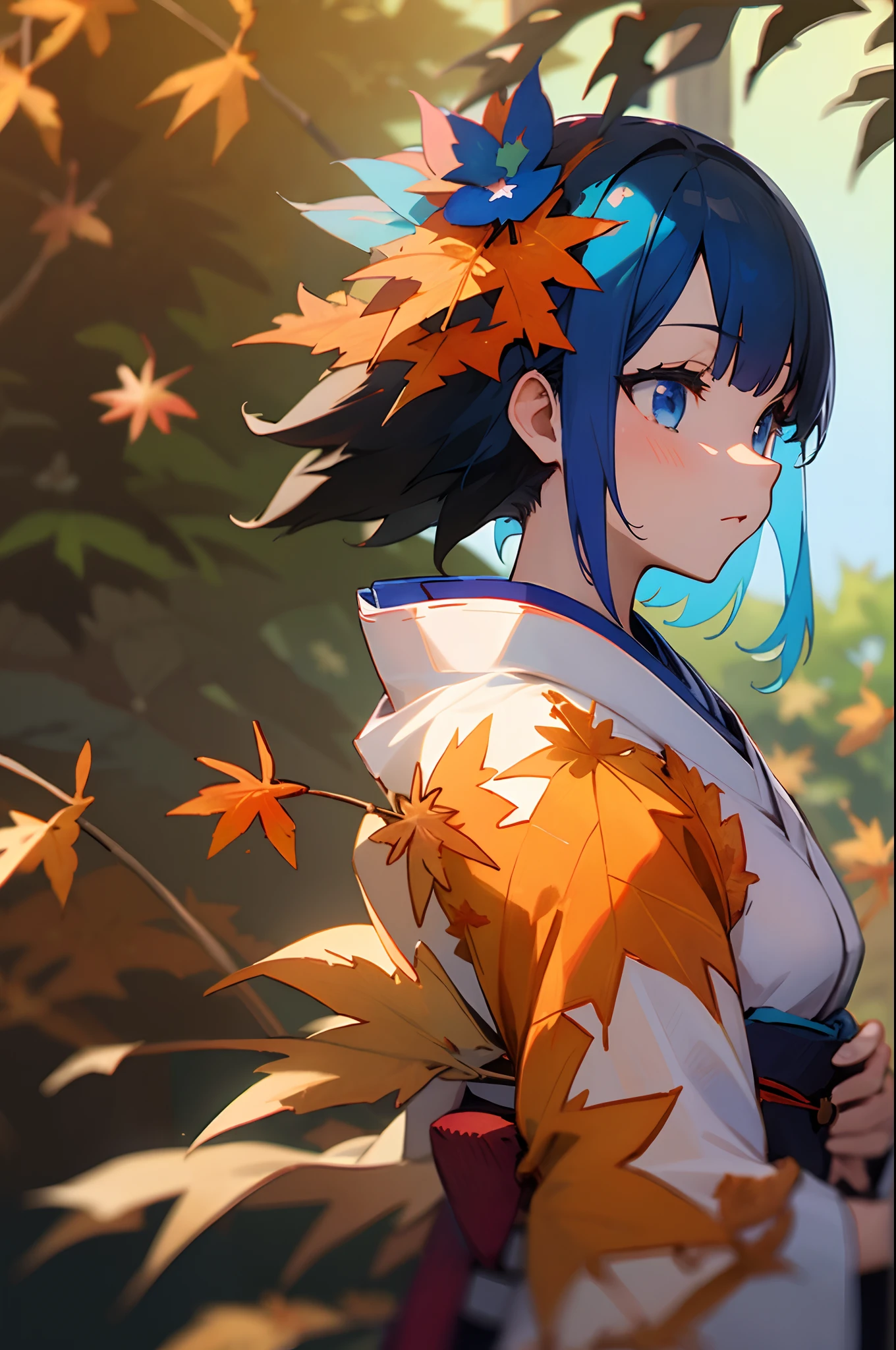 ((masutepiece,Best Quality)),1girl in, Hair short like a boy、Dark blue hair、Light blue hair band:1.2、Blue eyes, Blurry background, branch, Dappled sunlight, flower, From Side, Hair Flower, Hair Ornament, Komono, Kimono, fronds, (Maple leaf:1.9), Obi, Outdoors, sash, Solo, Sunlight, Upper body