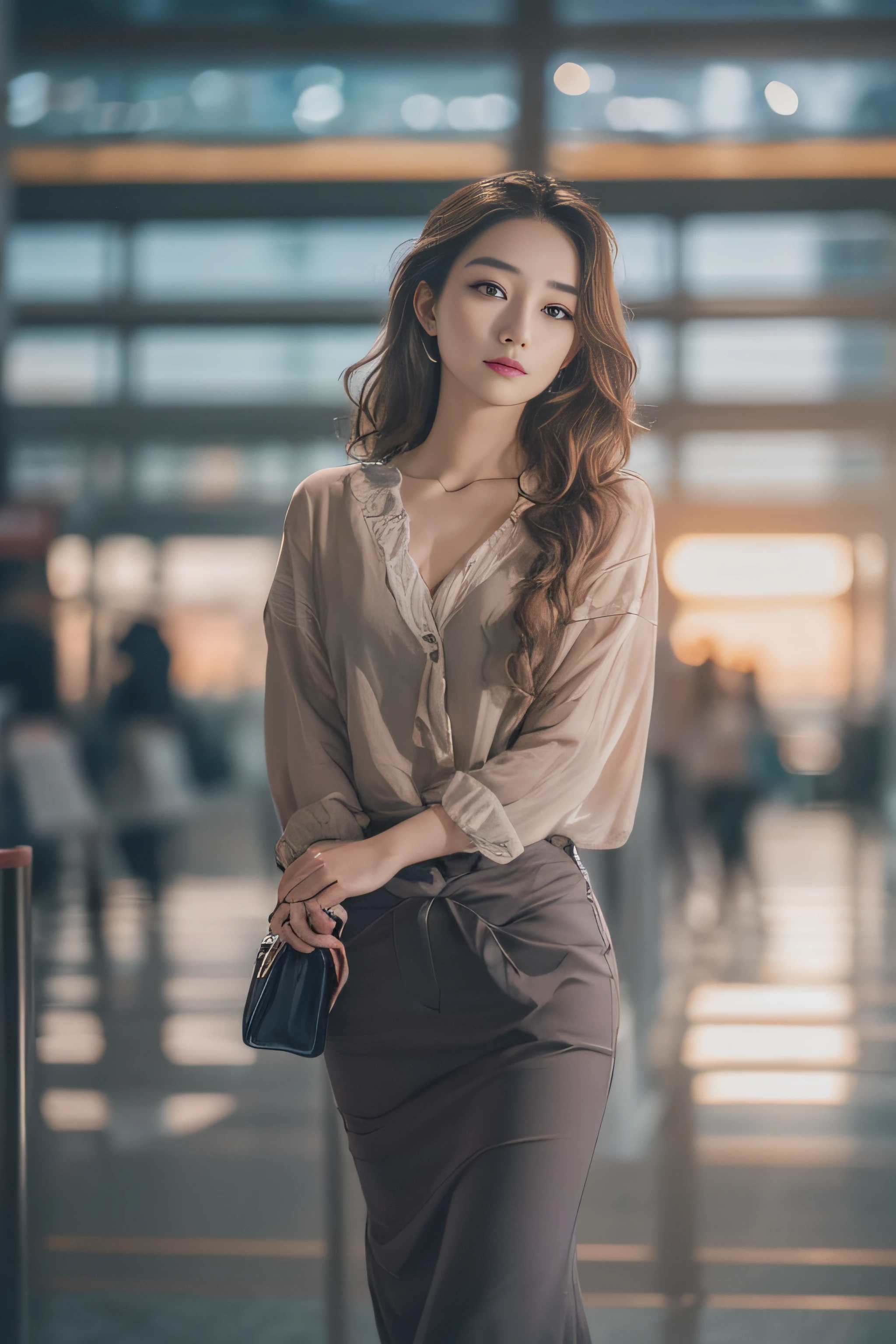 1womanl、Early 20s、(Strong-willed super beauty)、(ultra beautiful faces)、is standing、Wearing makeup、Wavy brown hair、(Airport in the evening:1.1)、Large windows at the departure gate、(Sunset view from background window)、Shallow depth of field